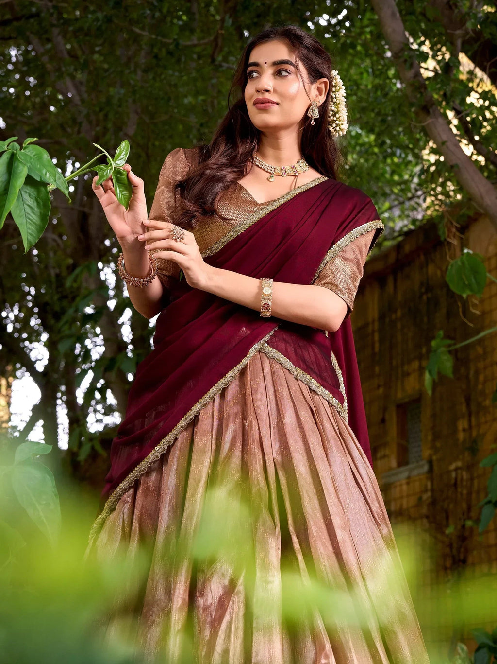 Attractive Peach Zari Embroidered Silk Festive Wear Half Saree Lehenga Choli