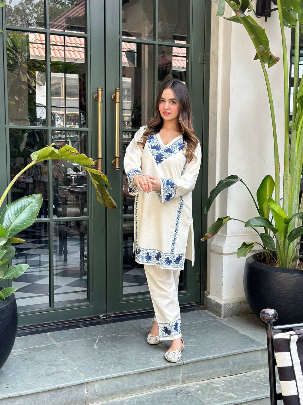 Cream & Blue Embroidered Co-ord Set