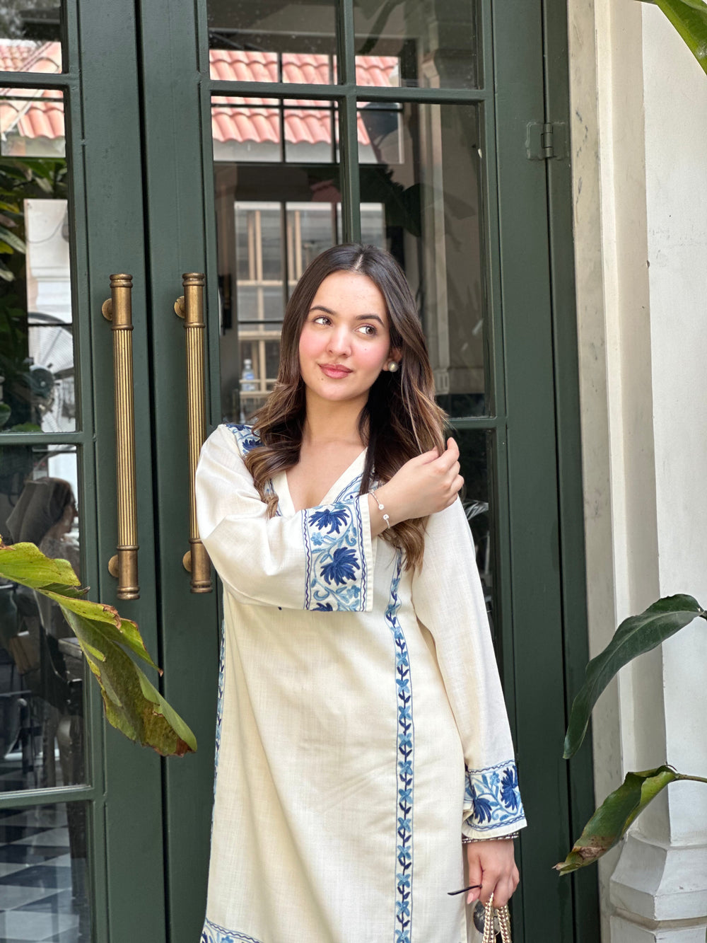 Cream & Blue Embroidered Co-ord Set