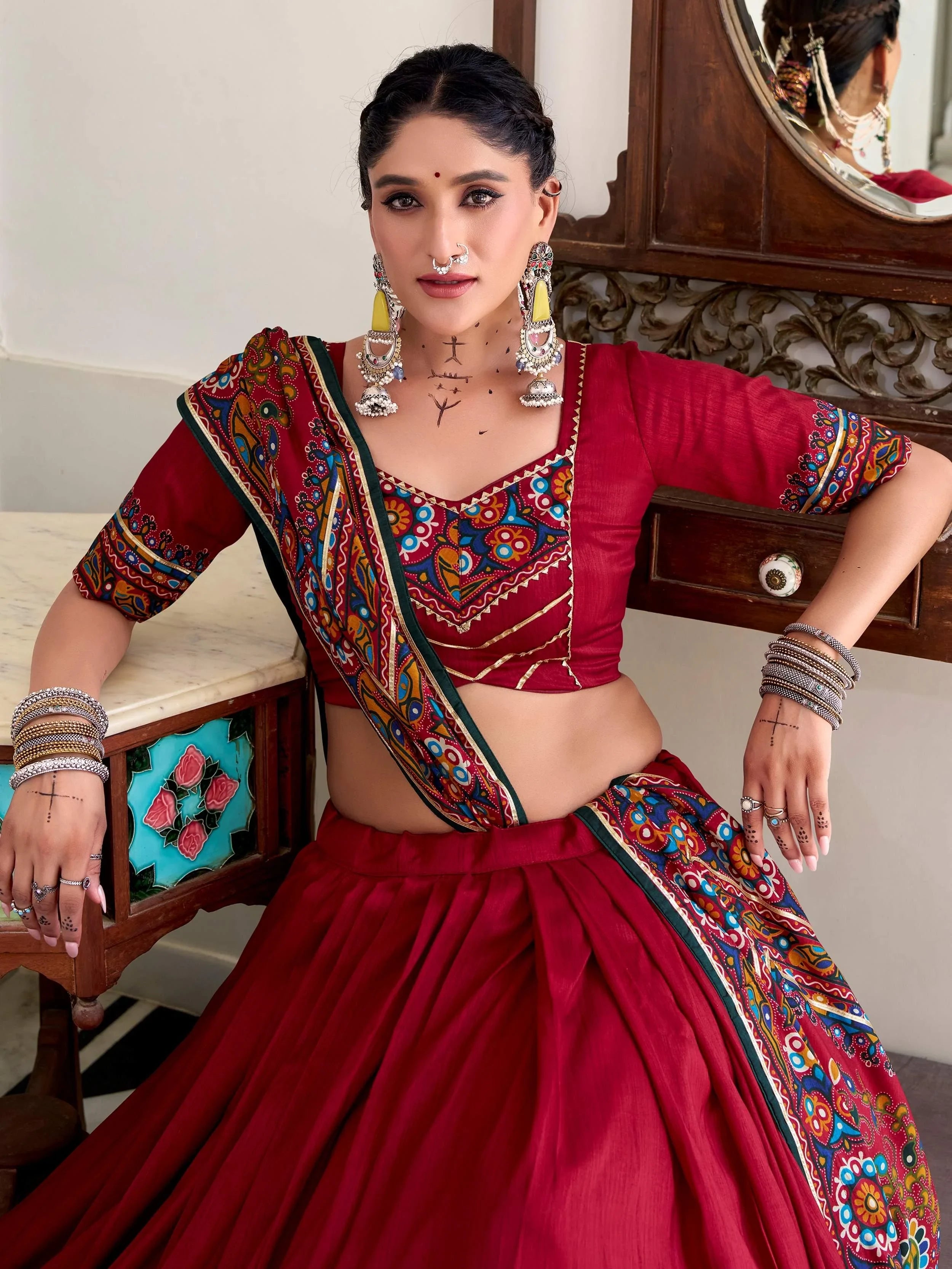 Marvelous Red Gamthi Printed Tussar Silk Festive Lehenga Choli