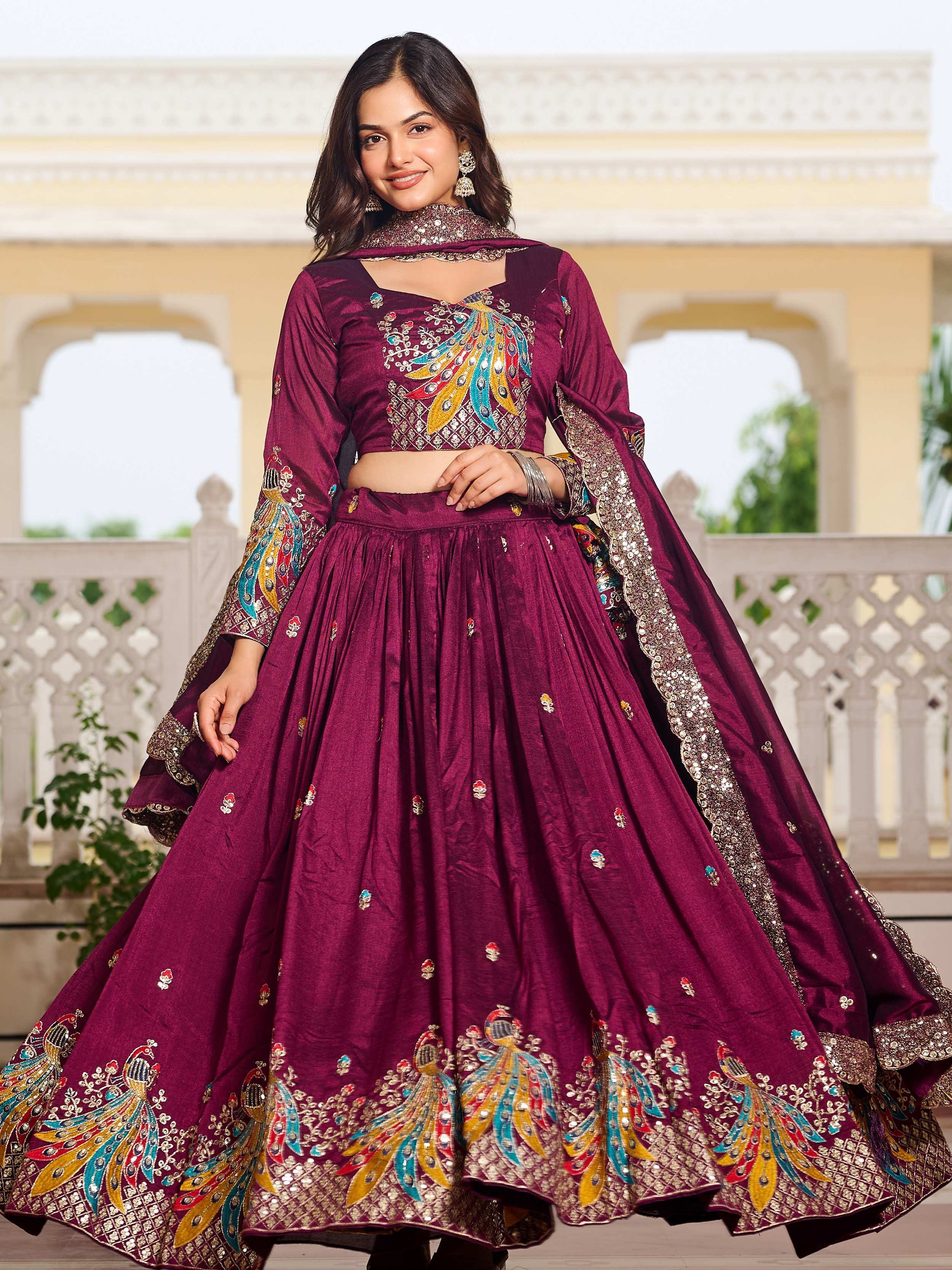 Attractive Wine Thread Embroidered Silk Lehenga Choli With Dupatta