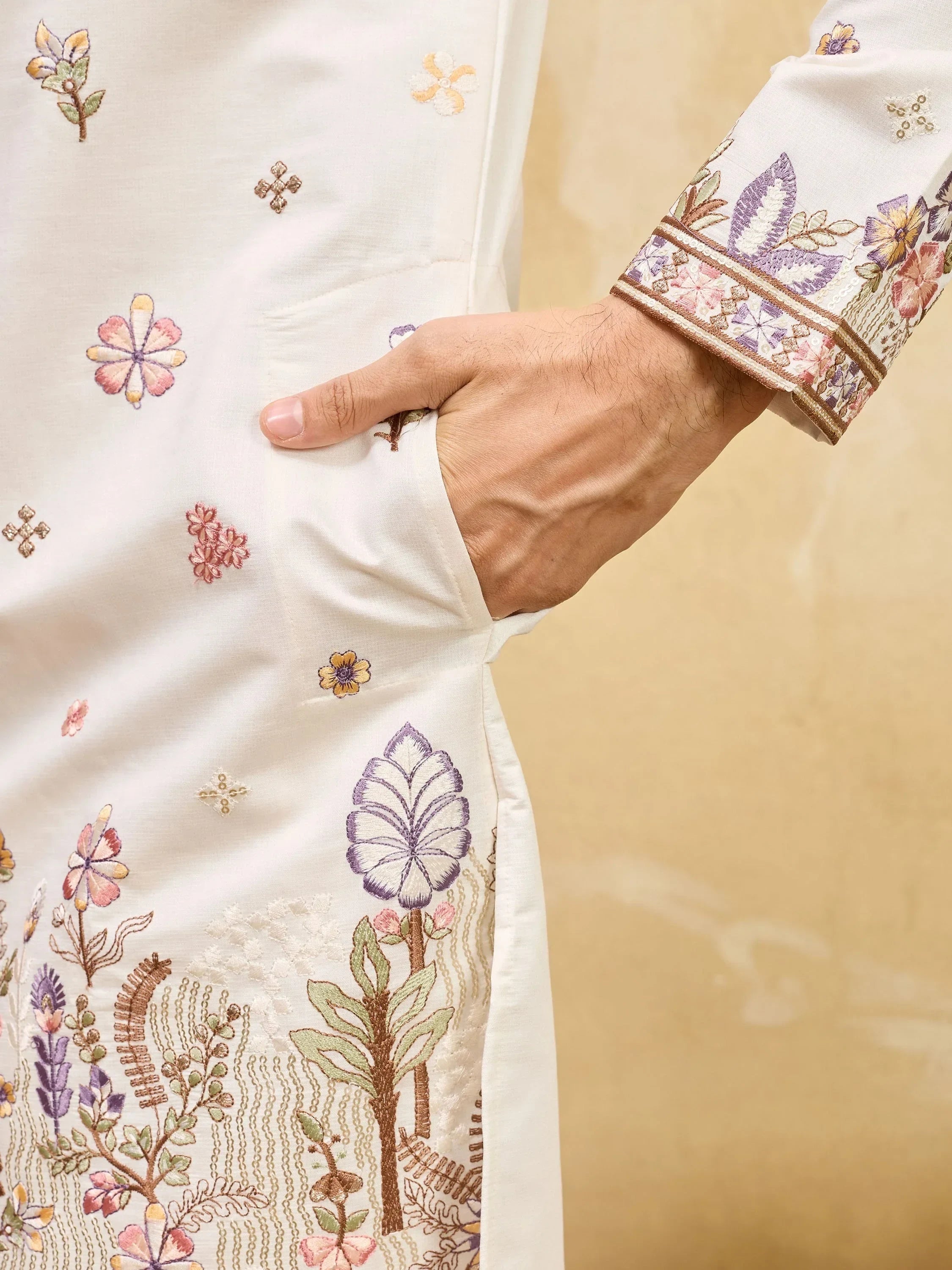 Dazzling Off-White Embroidered Silk Wedding Wear Men’s Kurta