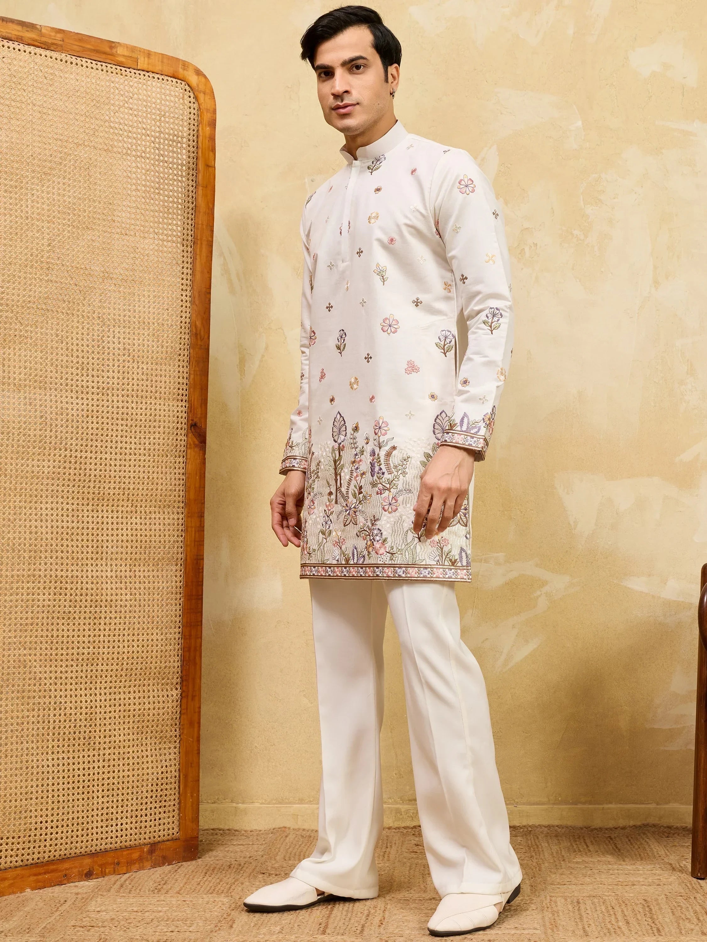 Dazzling Off-White Embroidered Silk Wedding Wear Men’s Kurta