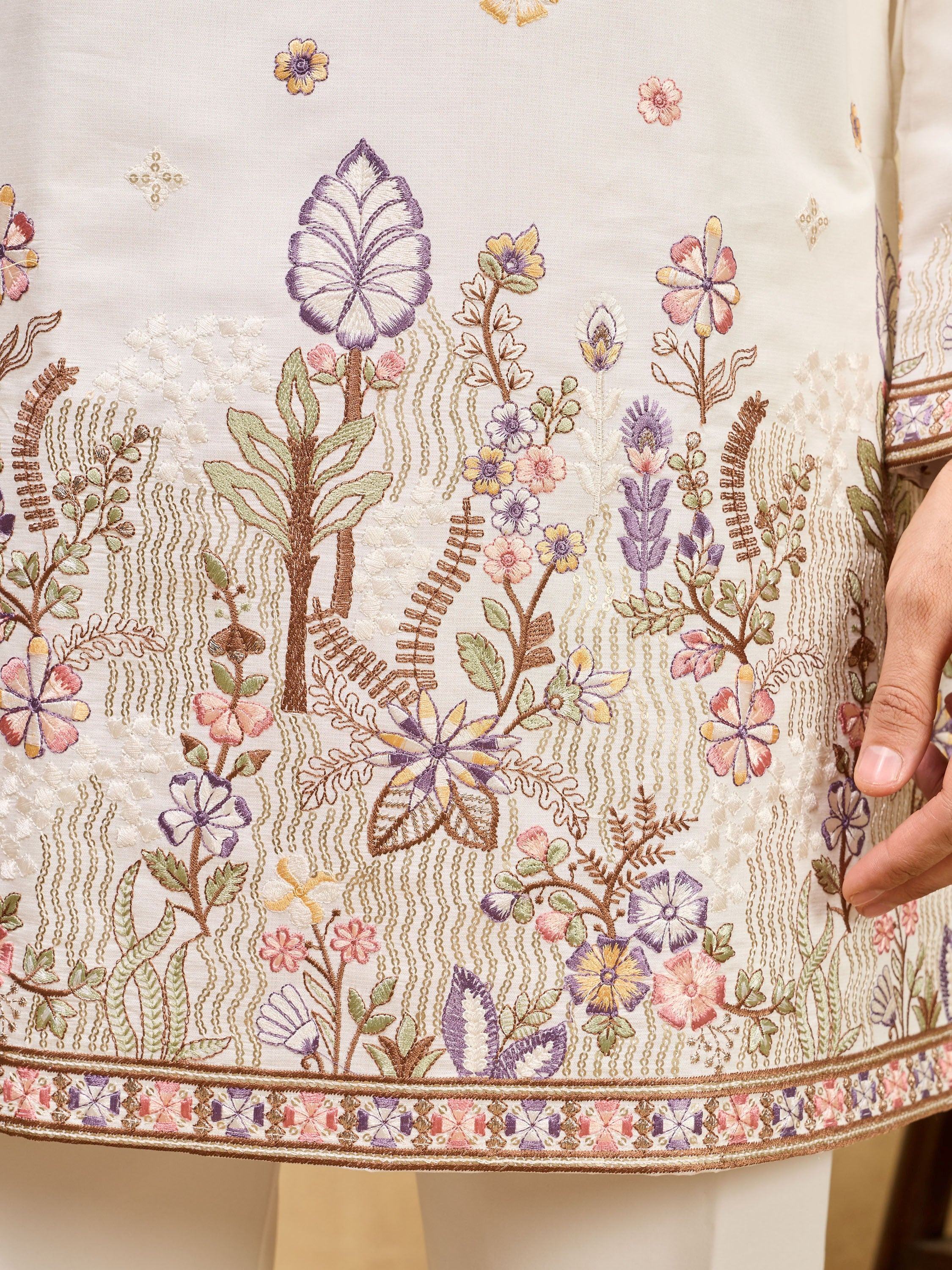 Dazzling Off-White Embroidered Silk Wedding Wear Men’s Kurta