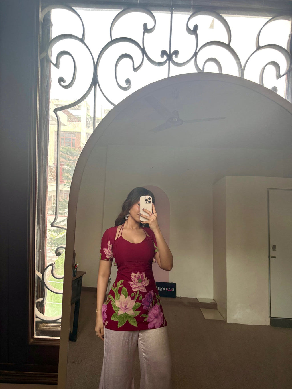 Laila Kurti – Deep Maroon Floral Pure Silk Kurti with Soft Double Lining
