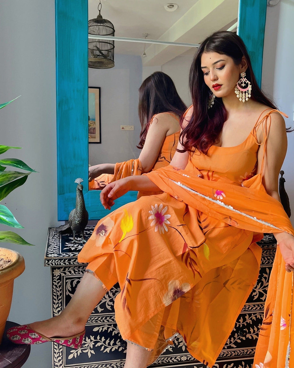 Orange Floral Motifs Suit Set