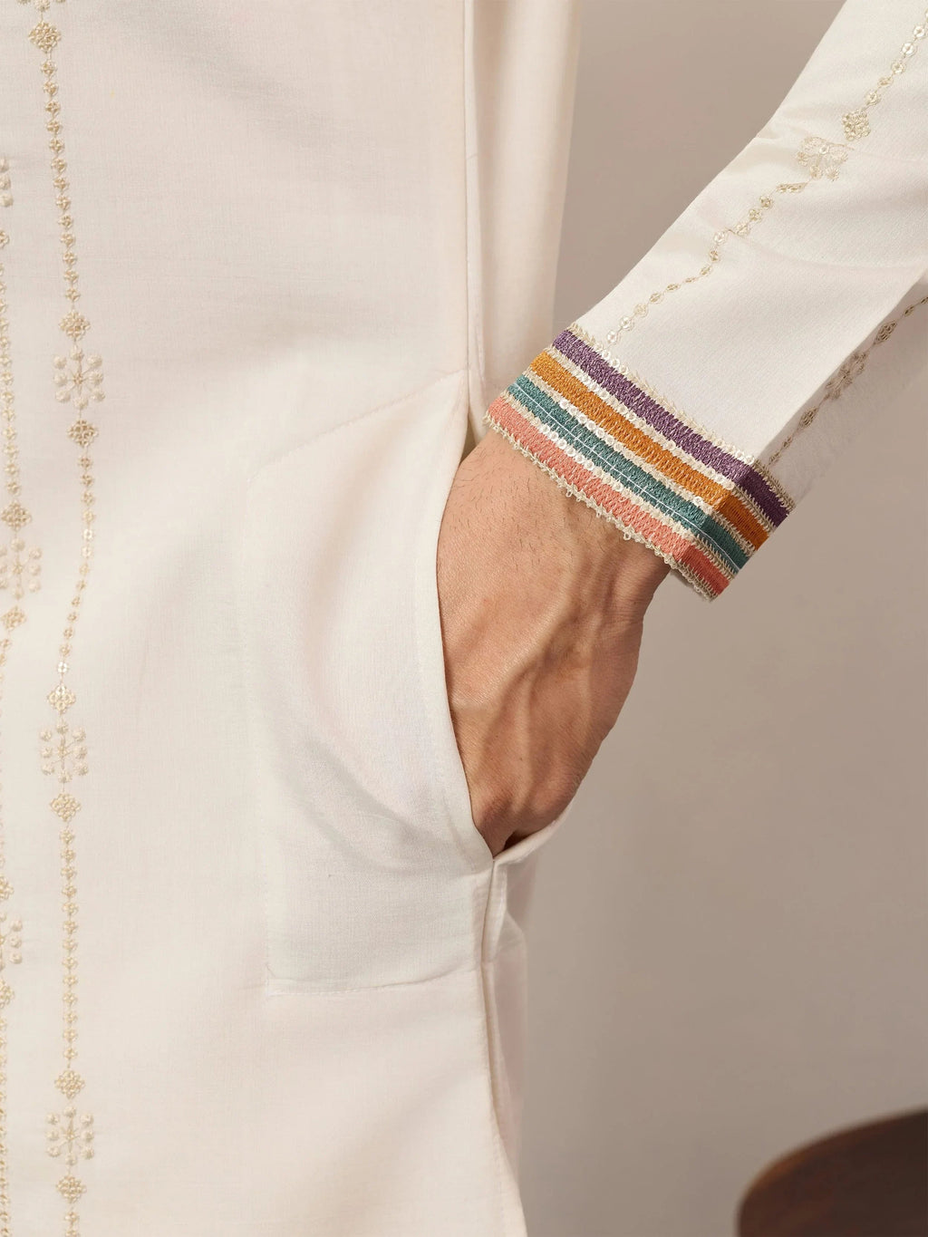 Enchanting Off-White Embroidered Silk Function Wear Men’s Kurta