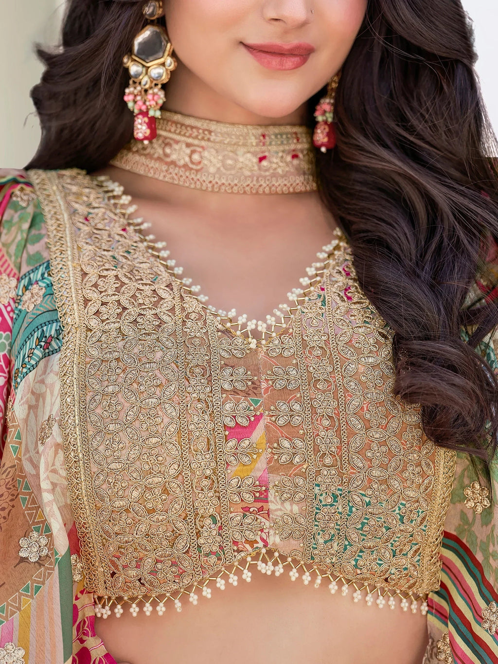 Lavishing Beige Chinon Silk Zari Embroidered Lehenga Choli