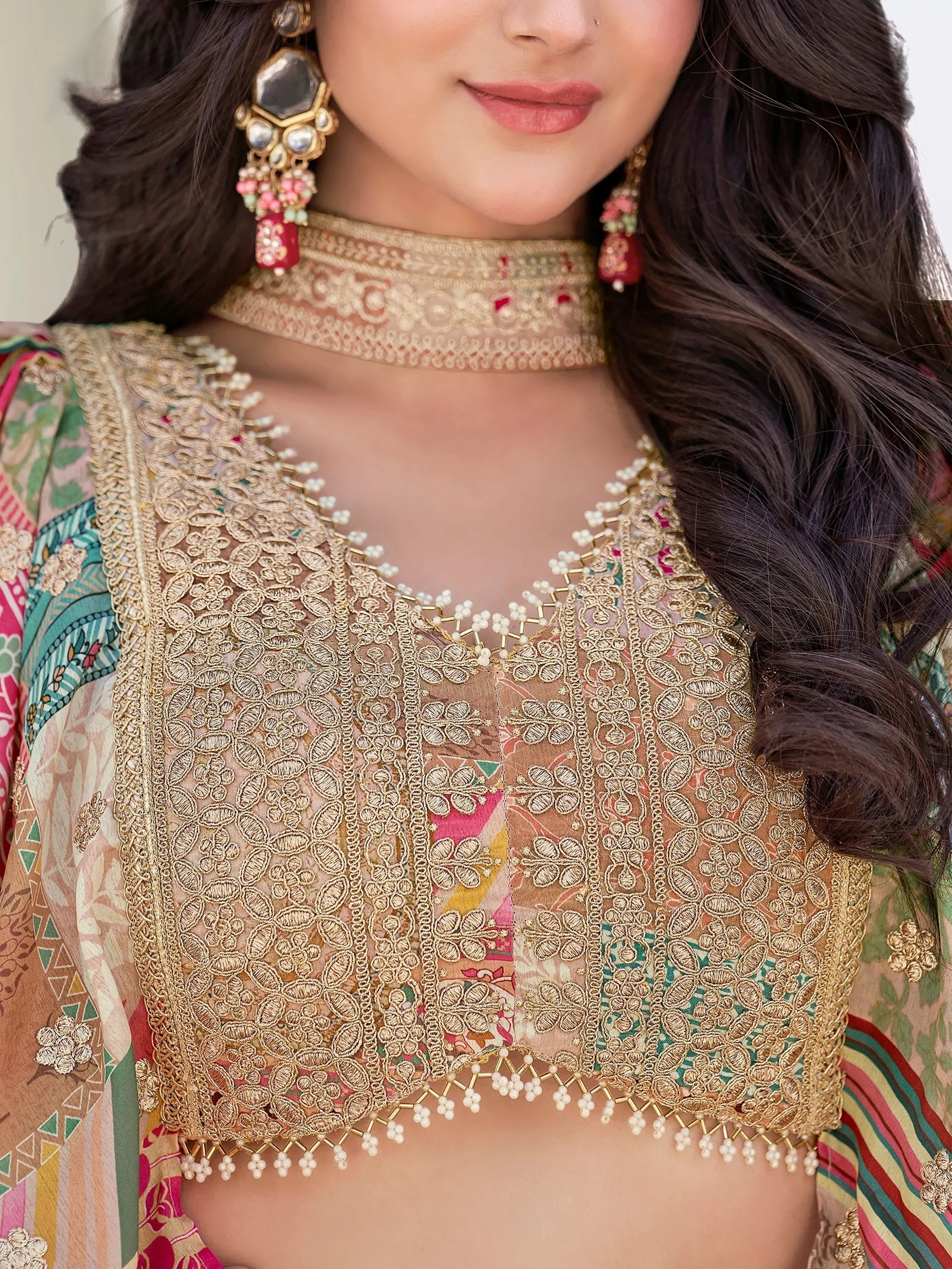 Lavishing Beige Chinon Silk Zari Embroidered Lehenga Choli