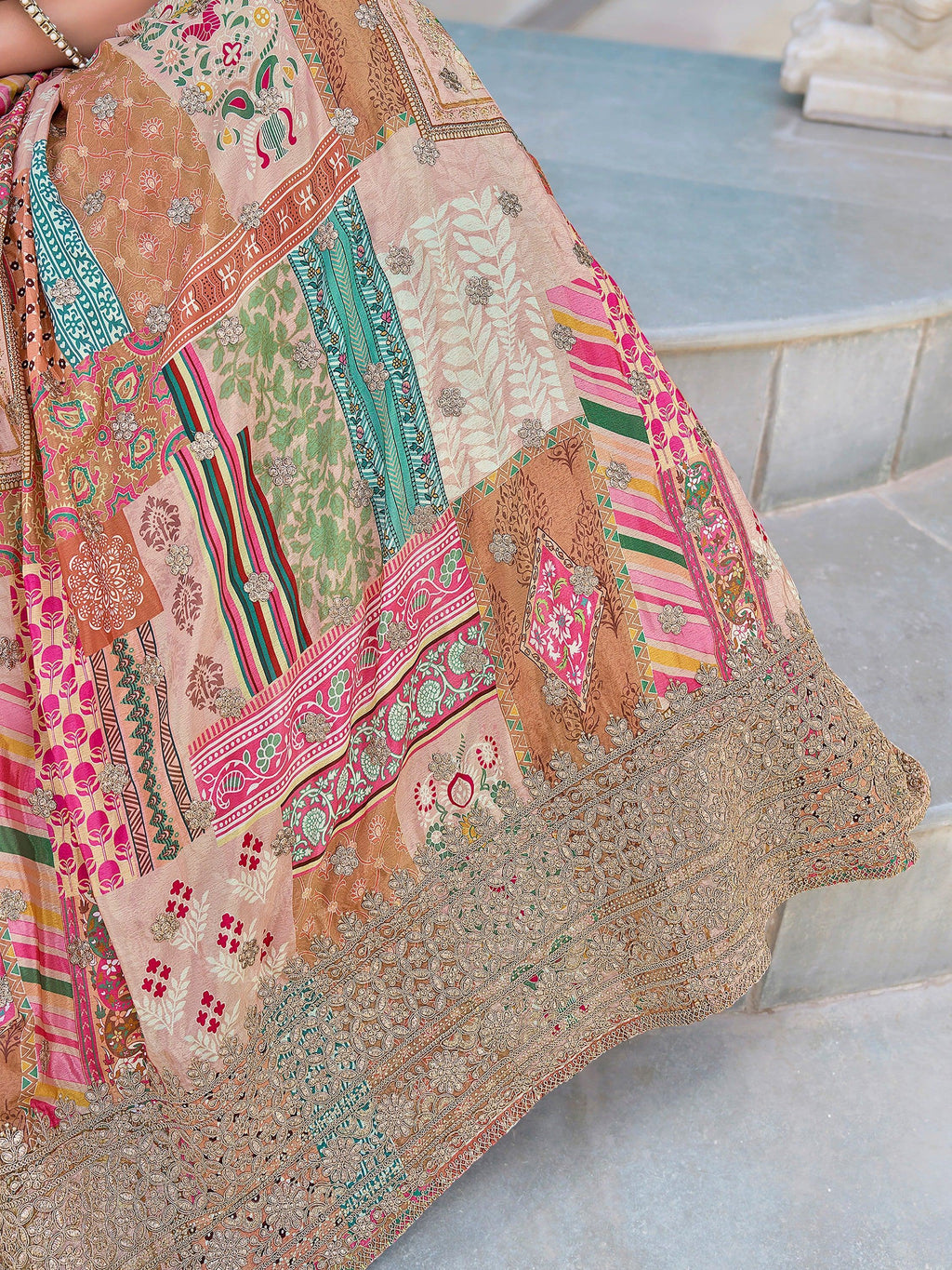 Lavishing Beige Chinon Silk Zari Embroidered Lehenga Choli