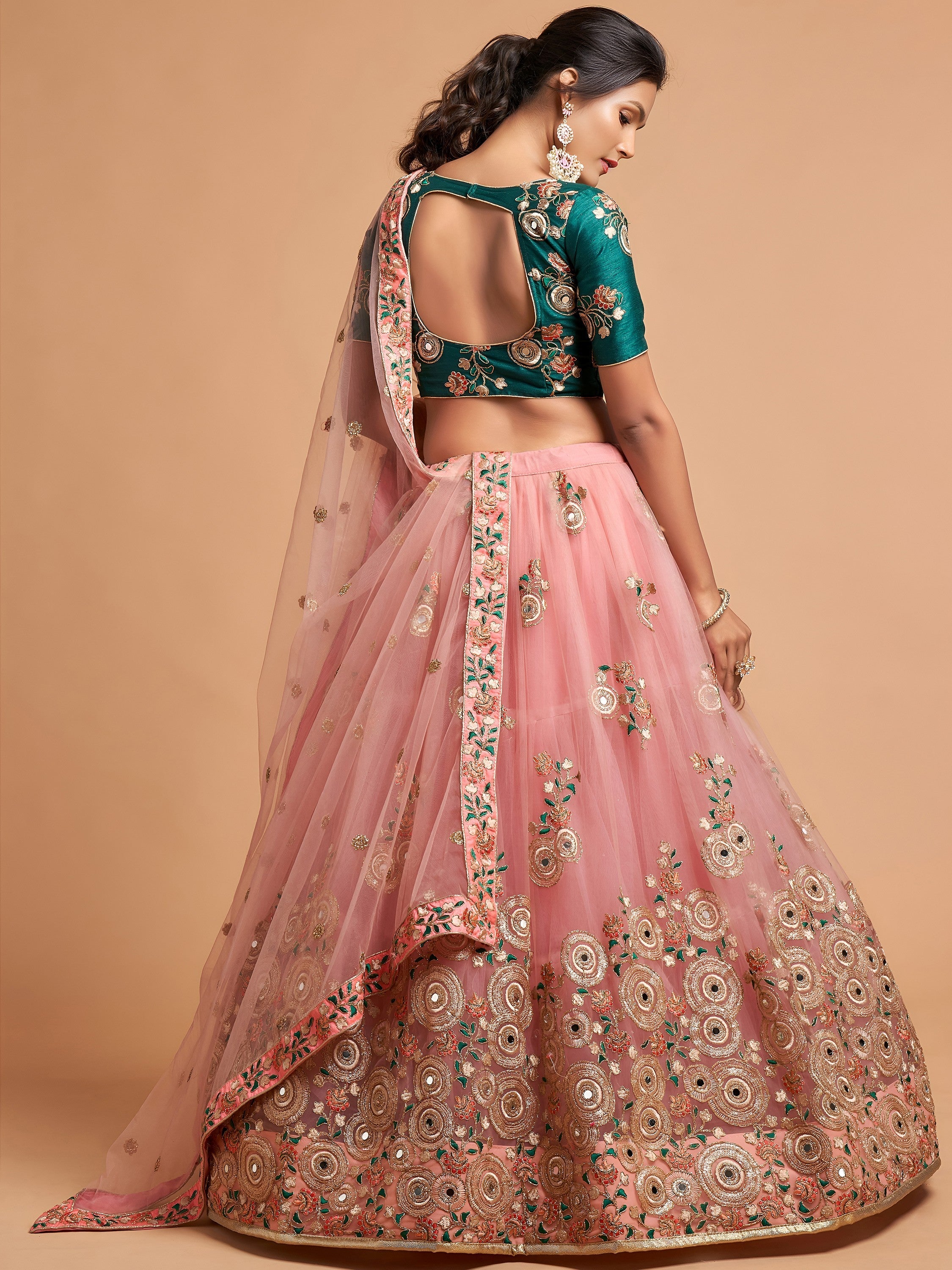 Peach Thread Embroidered Net Party Wear Lehenga Choli