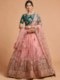 Peach Thread Embroidered Net Party Wear Lehenga Choli