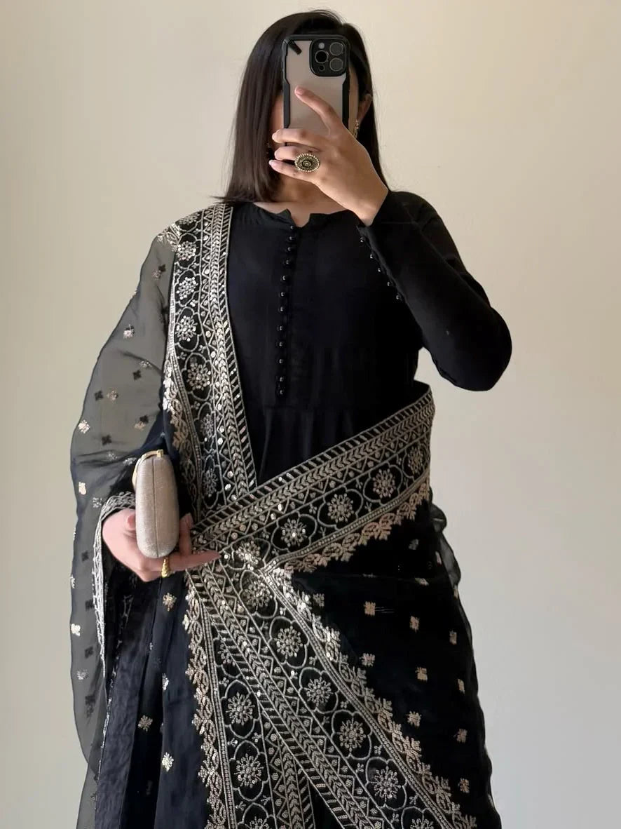Pretty Black Georgette Sequins Festival Wear Anarkali Suit