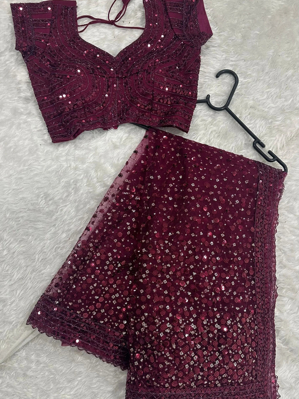 Glamourous Wine Sequins Net Festival Wear Saree With Blouse
