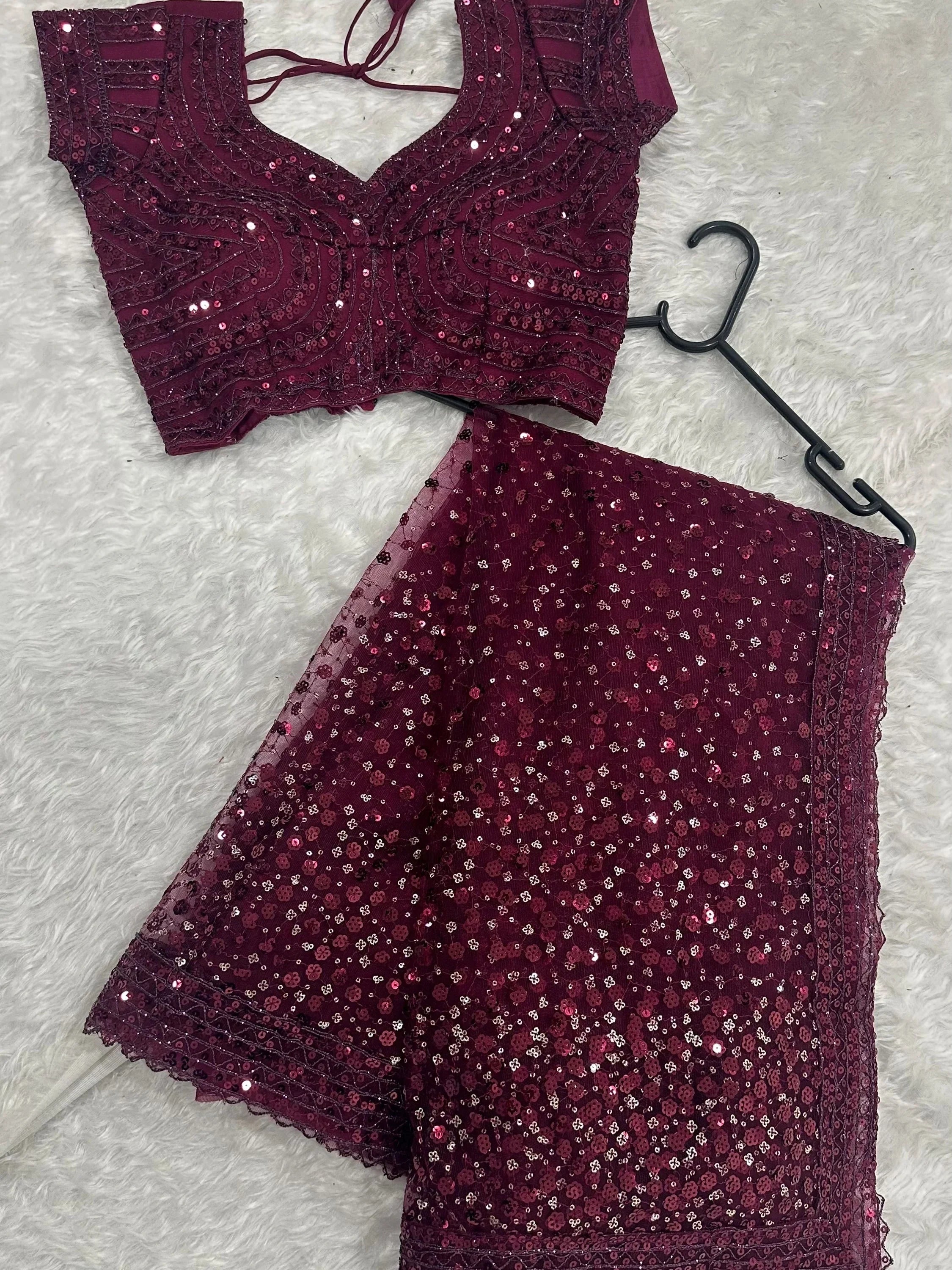 Glamourous Wine Sequins Net Festival Wear Saree With Blouse