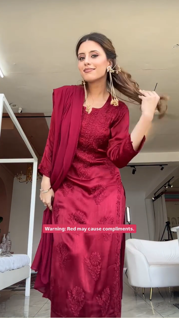 Red chinon chikankari 3 pc set in