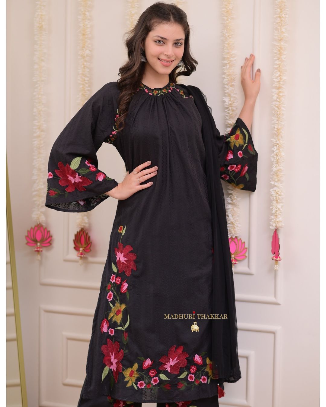 Floral Embroidered A-Line Kurta with Solid Trousers & Printed Dupatta – Pure Cotton
