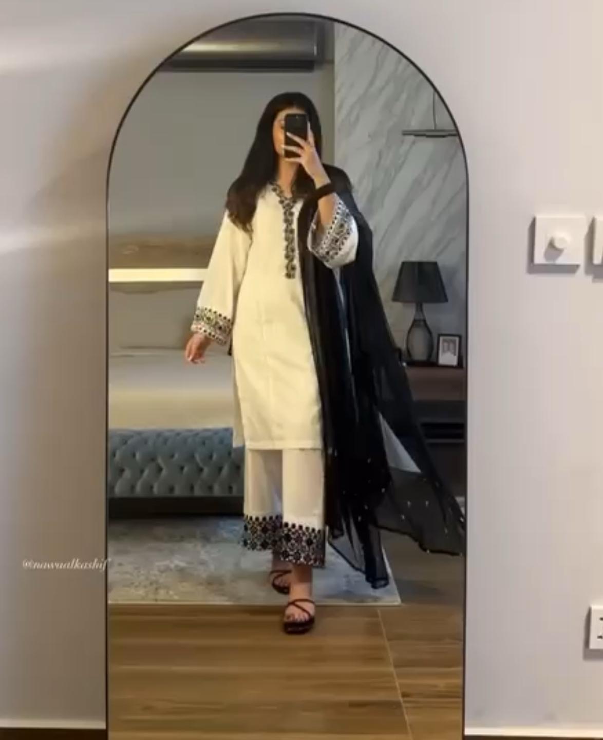 White & Black Embroidered Kurta Set with Dupatta