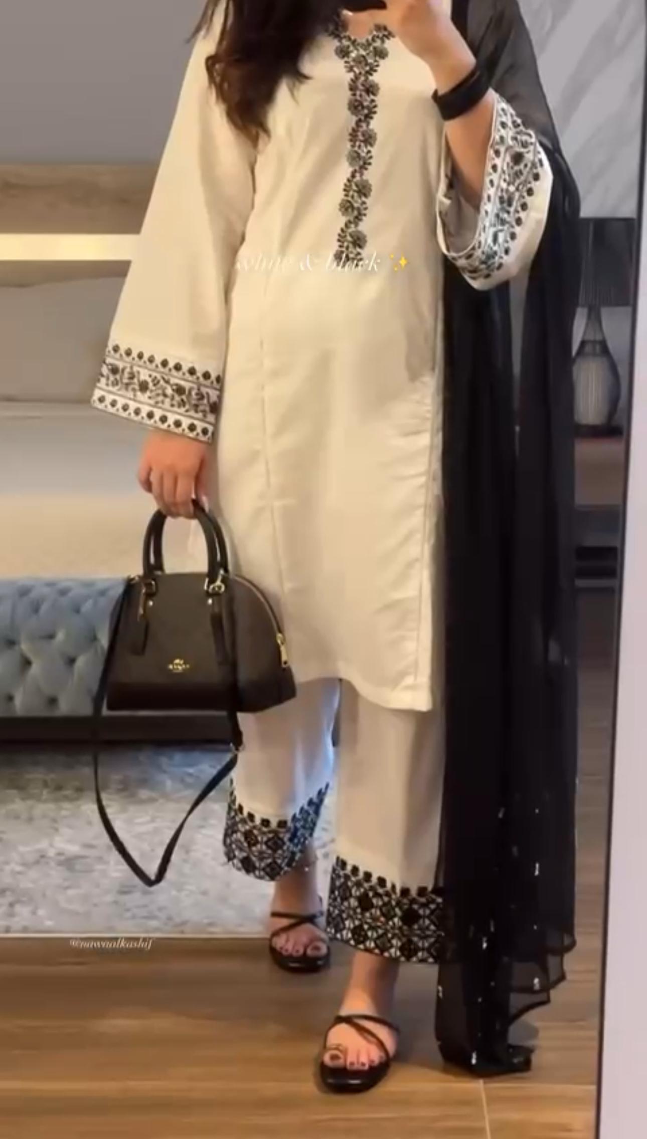 White & Black Embroidered Kurta Set with Dupatta