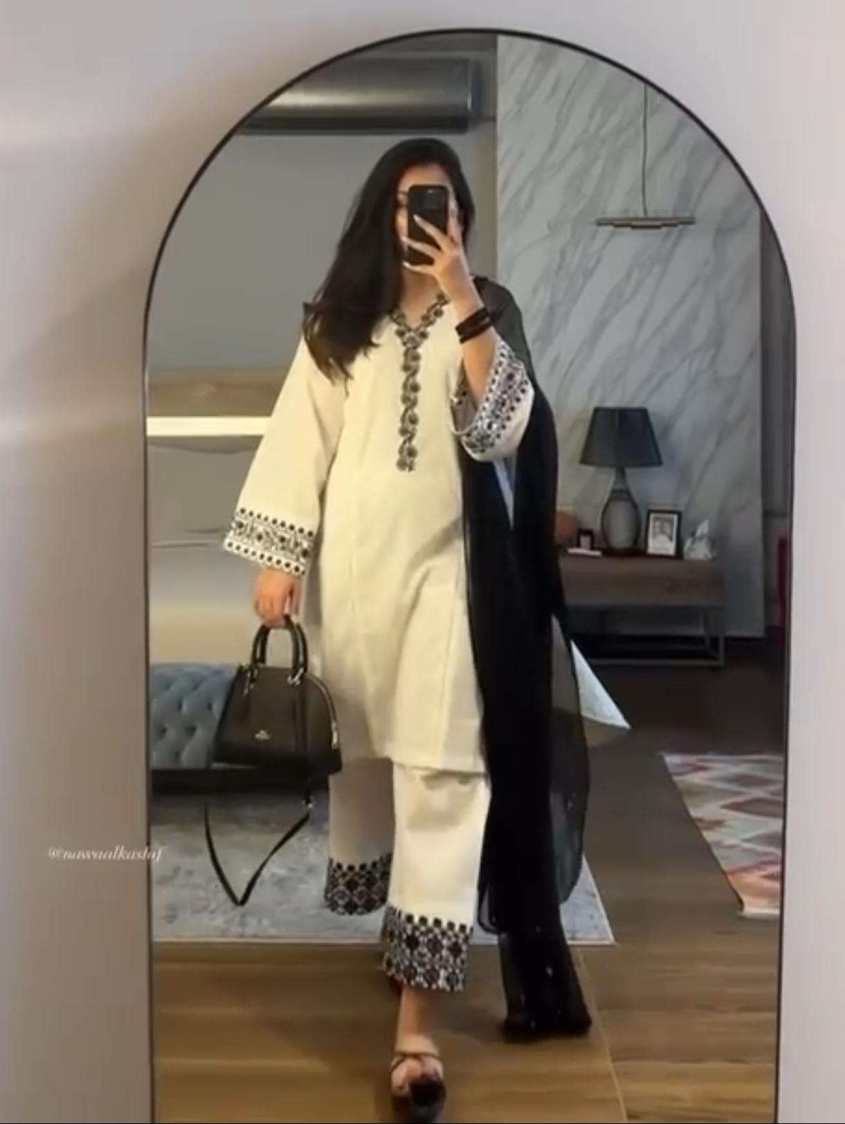 White & Black Embroidered Kurta Set with Dupatta