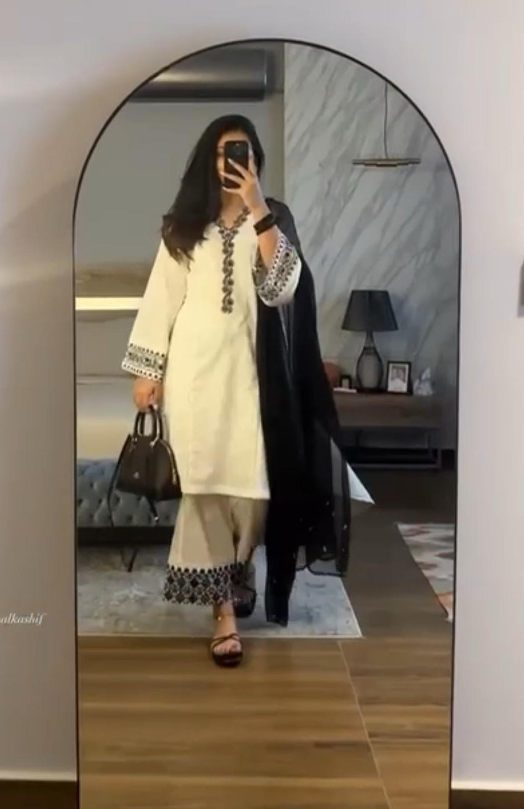 White & Black Embroidered Kurta Set with Dupatta