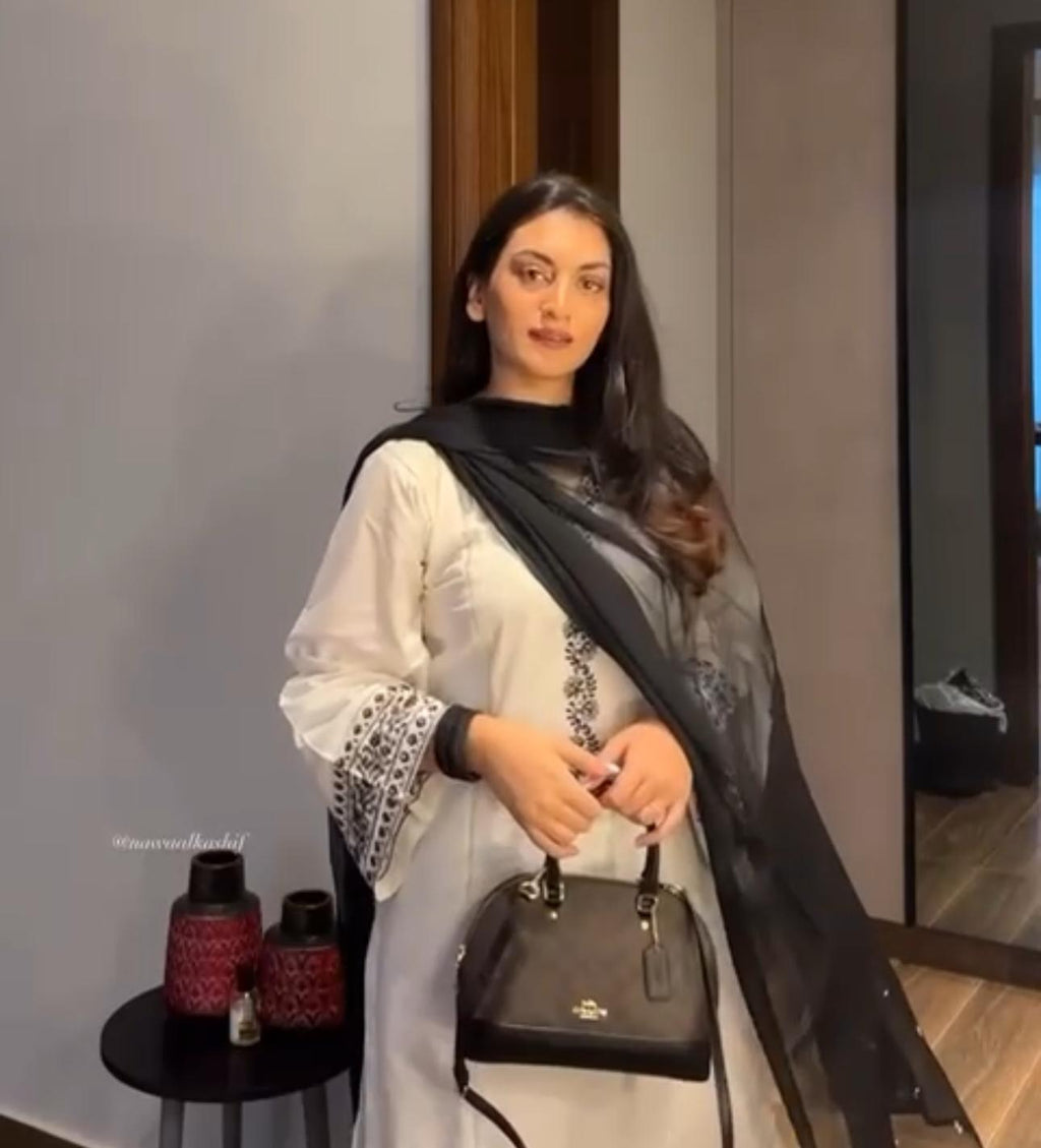 White & Black Embroidered Kurta Set with Dupatta