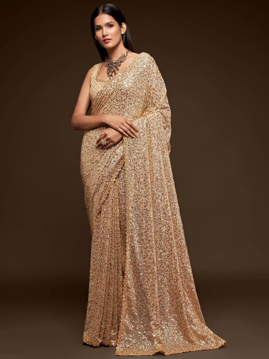 Sabyasachi Cream Sequins Georgette Party Wear Saree With Blouse