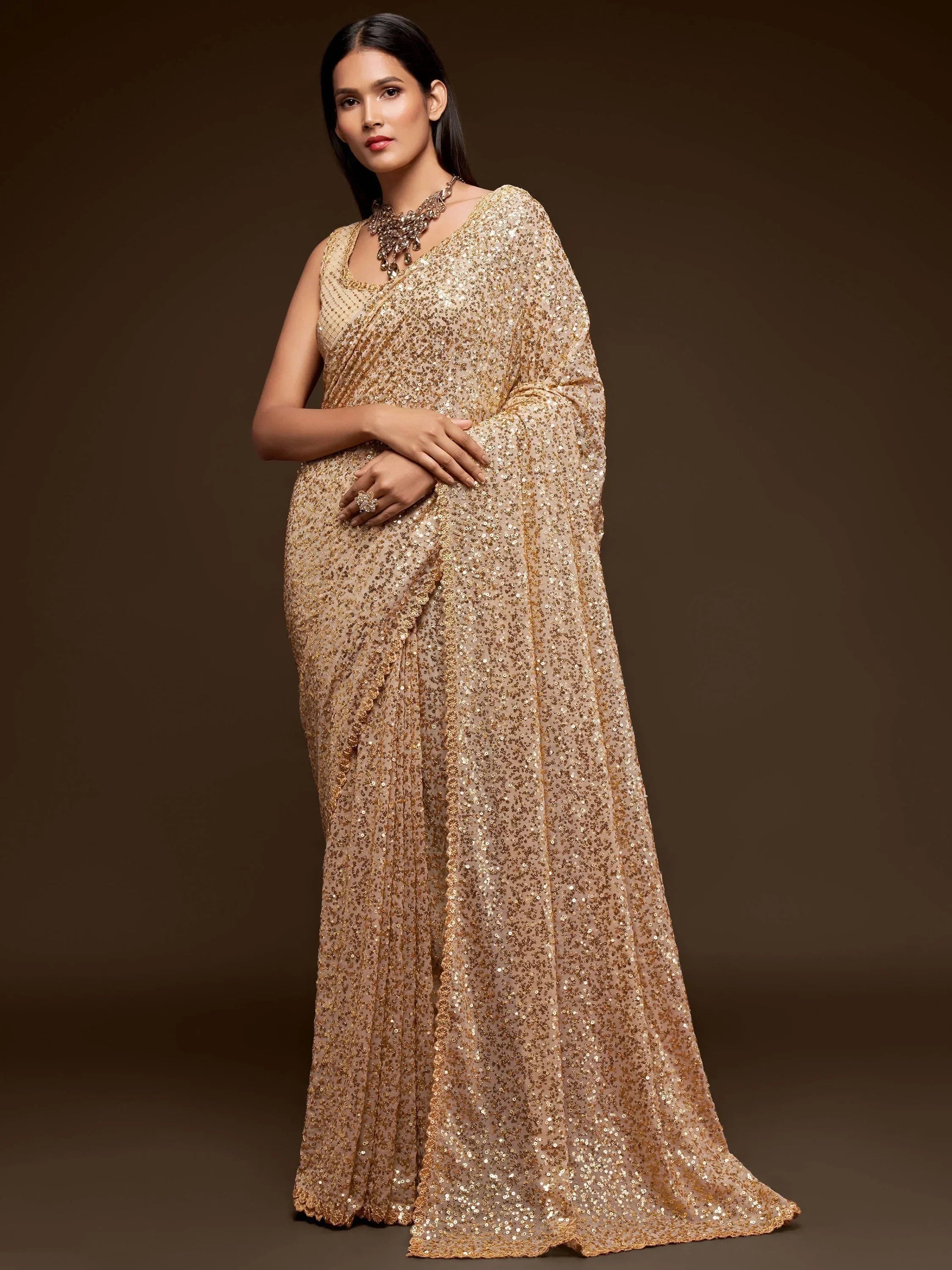 Sabyasachi Cream Sequins Georgette Party Wear Saree With Blouse