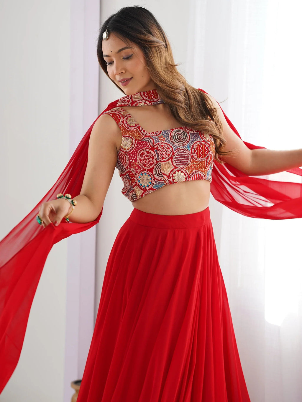 Alluring Red Georgette Party Wear Lehenga Choli With Dupatta