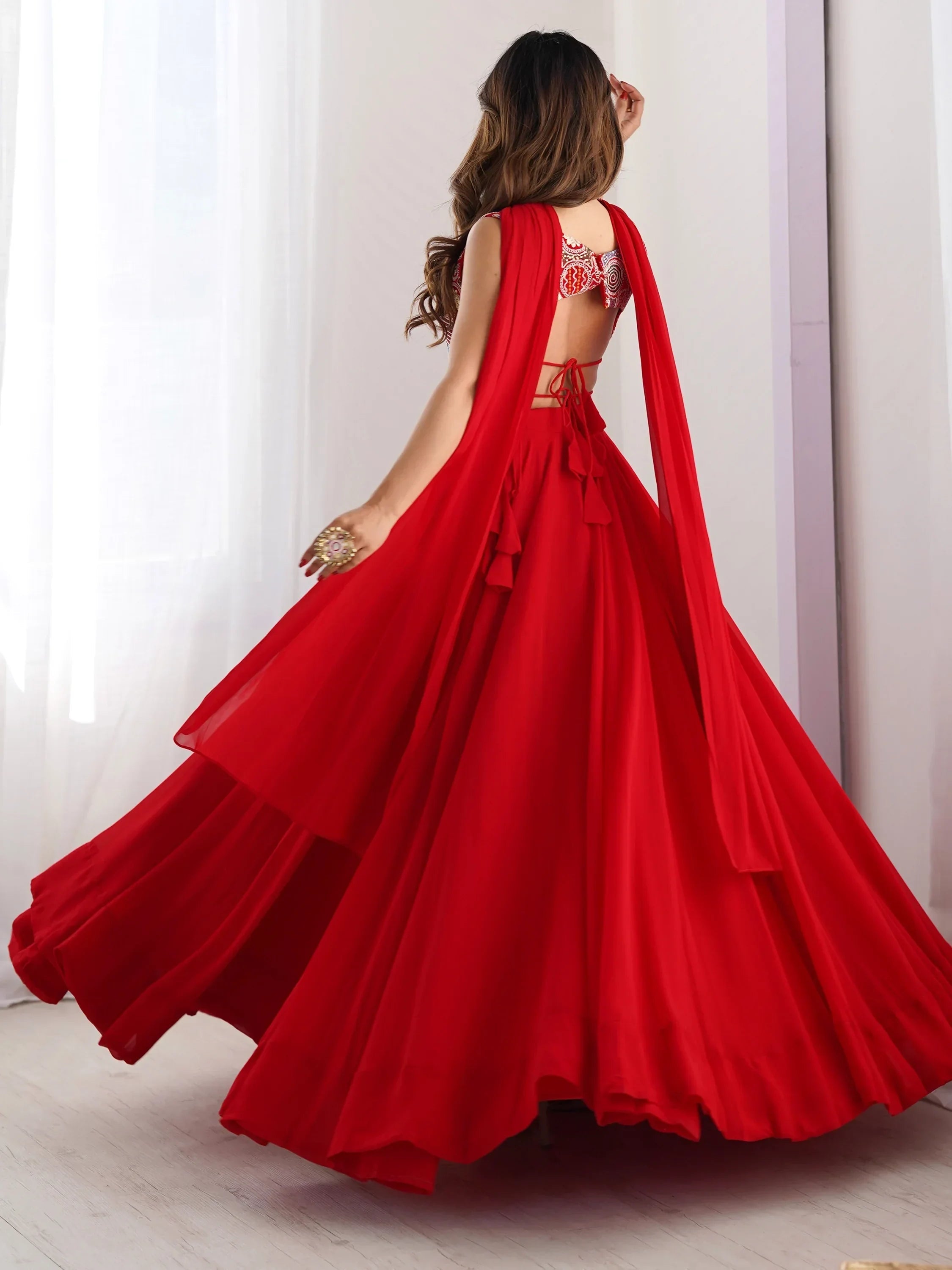 Alluring Red Georgette Party Wear Lehenga Choli With Dupatta