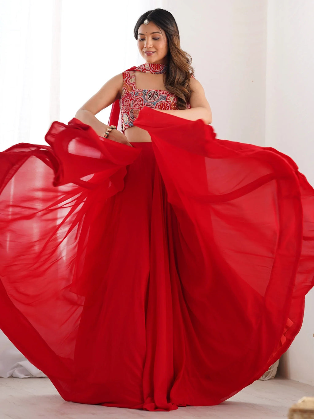 Alluring Red Georgette Party Wear Lehenga Choli With Dupatta
