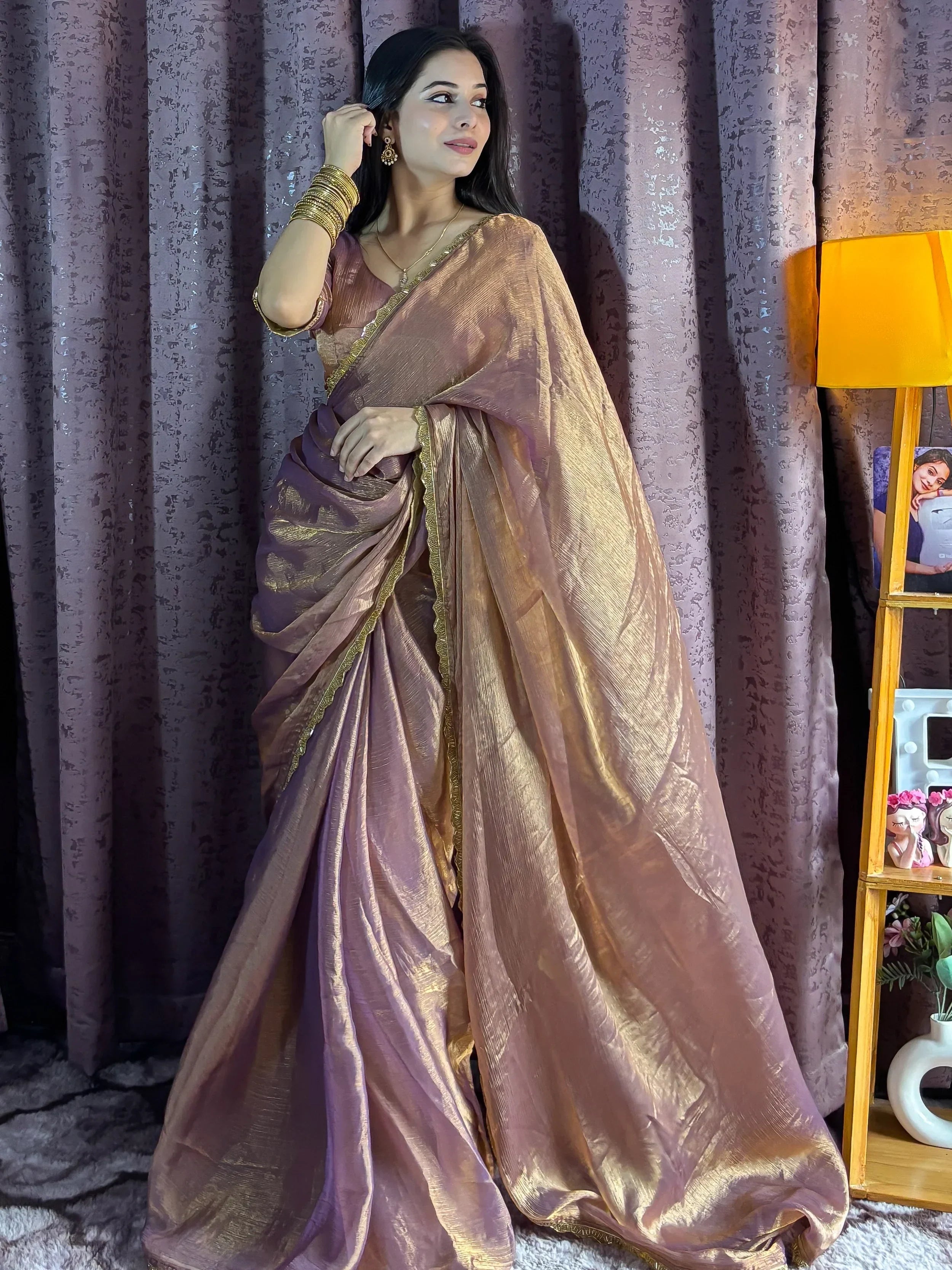 Alluring Rose Gold Beads Work Silk Traditional Saree With Blouse