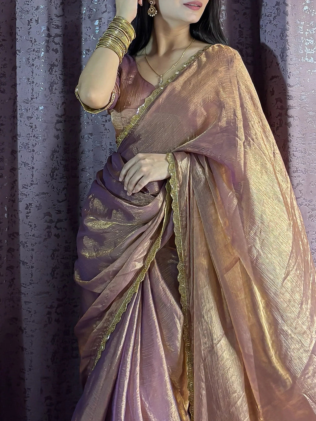Alluring Rose Gold Beads Work Silk Traditional Saree With Blouse