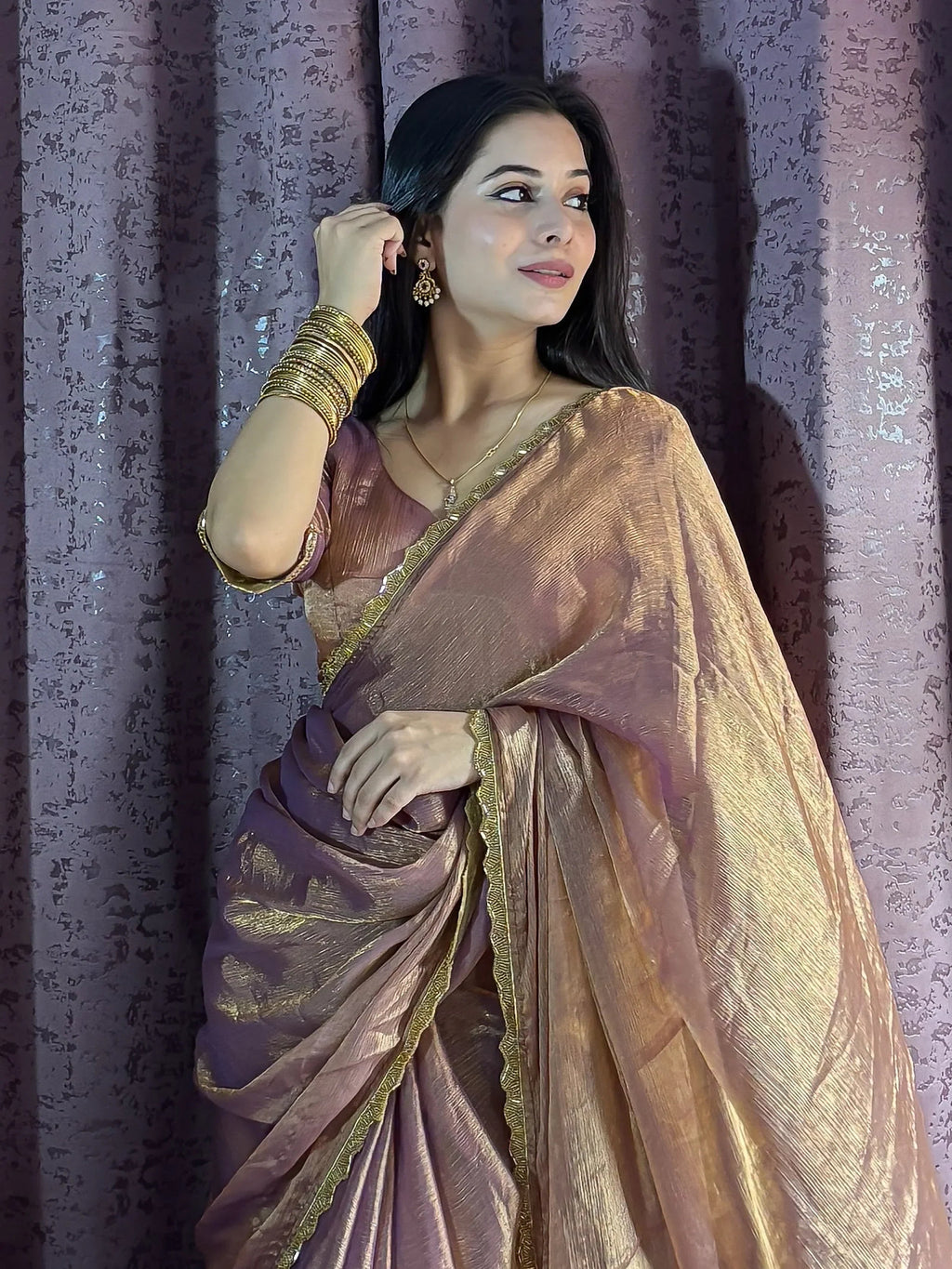 Alluring Rose Gold Beads Work Silk Traditional Saree With Blouse