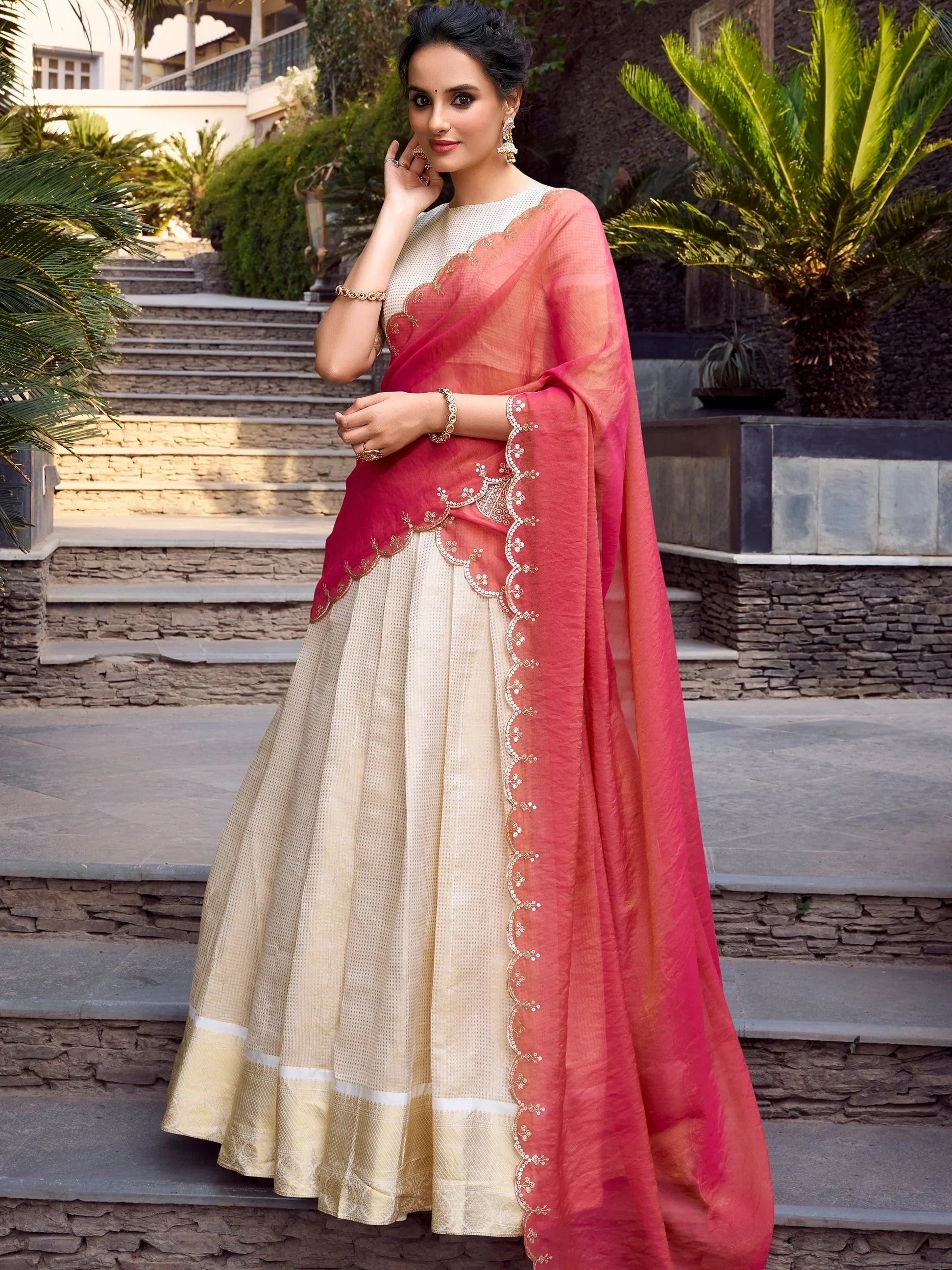 Beautiful Off-White Zari Weaving Jacquard Traditional Lehenga Choli