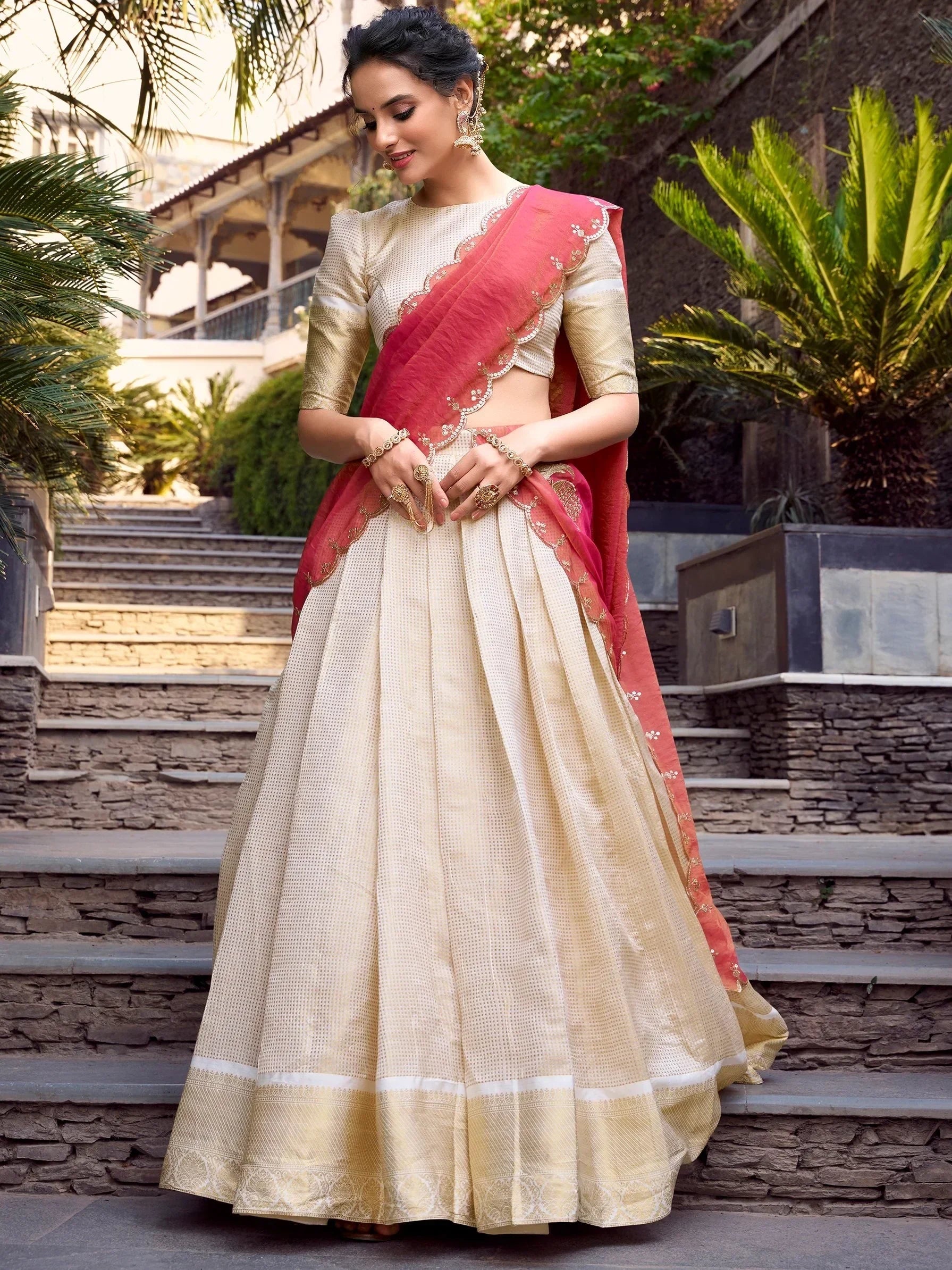 Beautiful Off-White Zari Weaving Jacquard Traditional Lehenga Choli