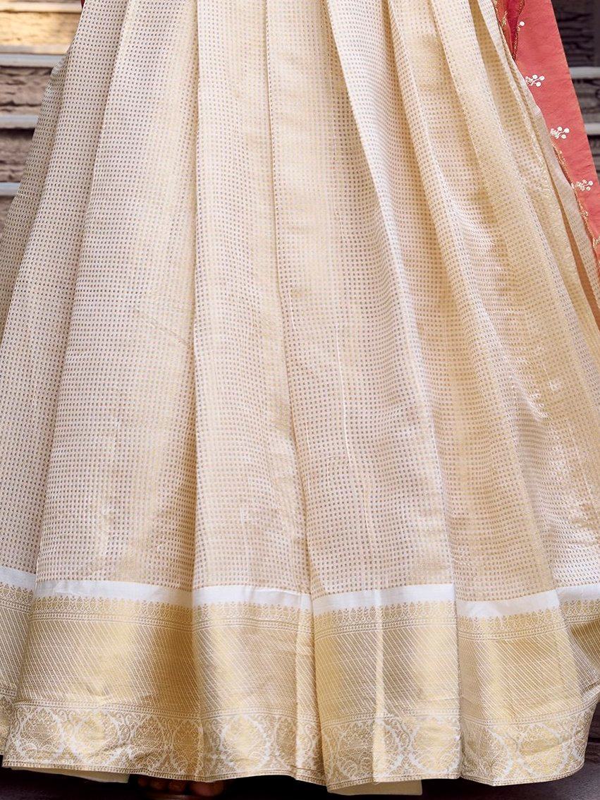Beautiful Off-White Zari Weaving Jacquard Traditional Lehenga Choli