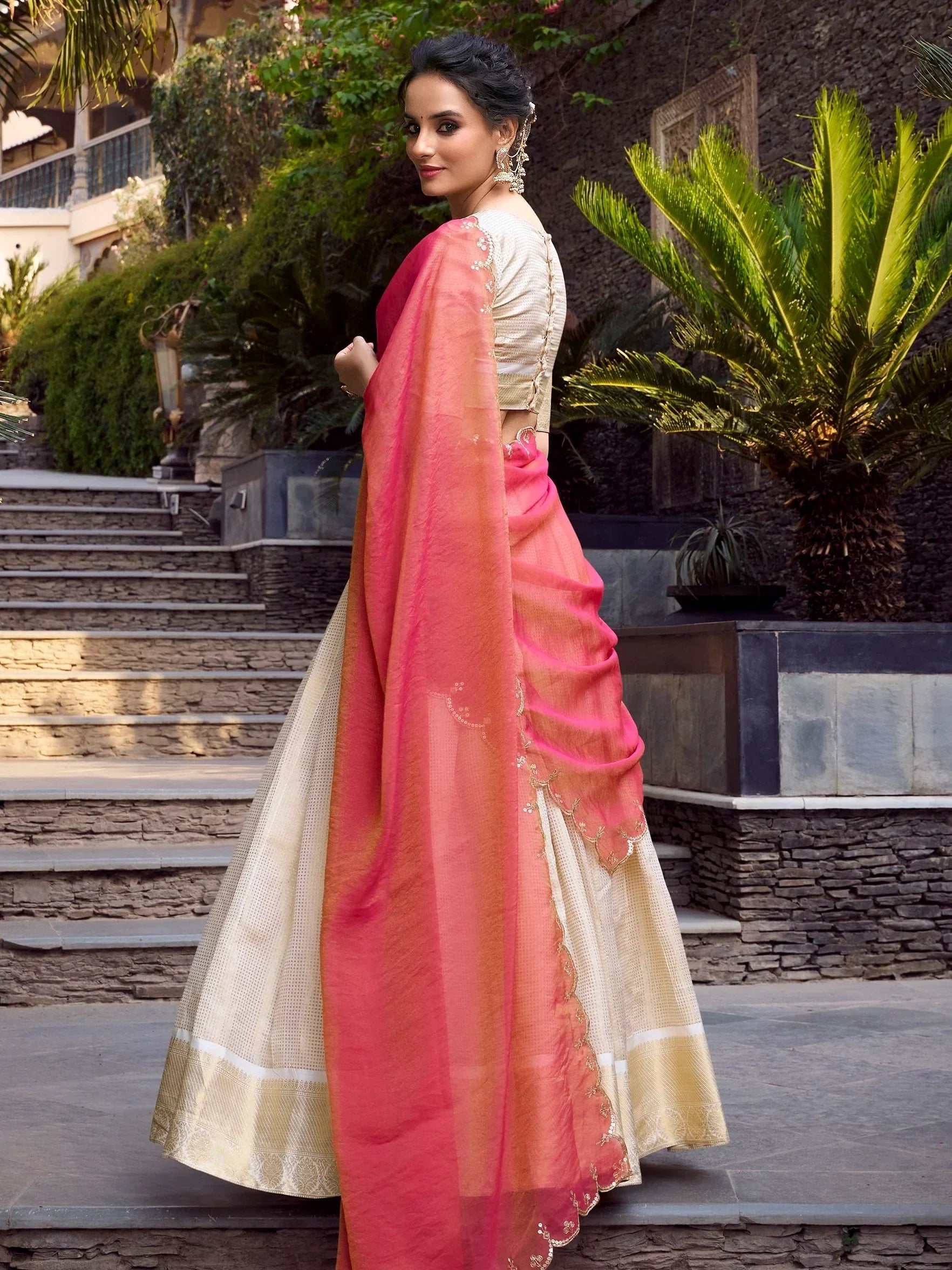 Beautiful Off-White Zari Weaving Jacquard Traditional Lehenga Choli