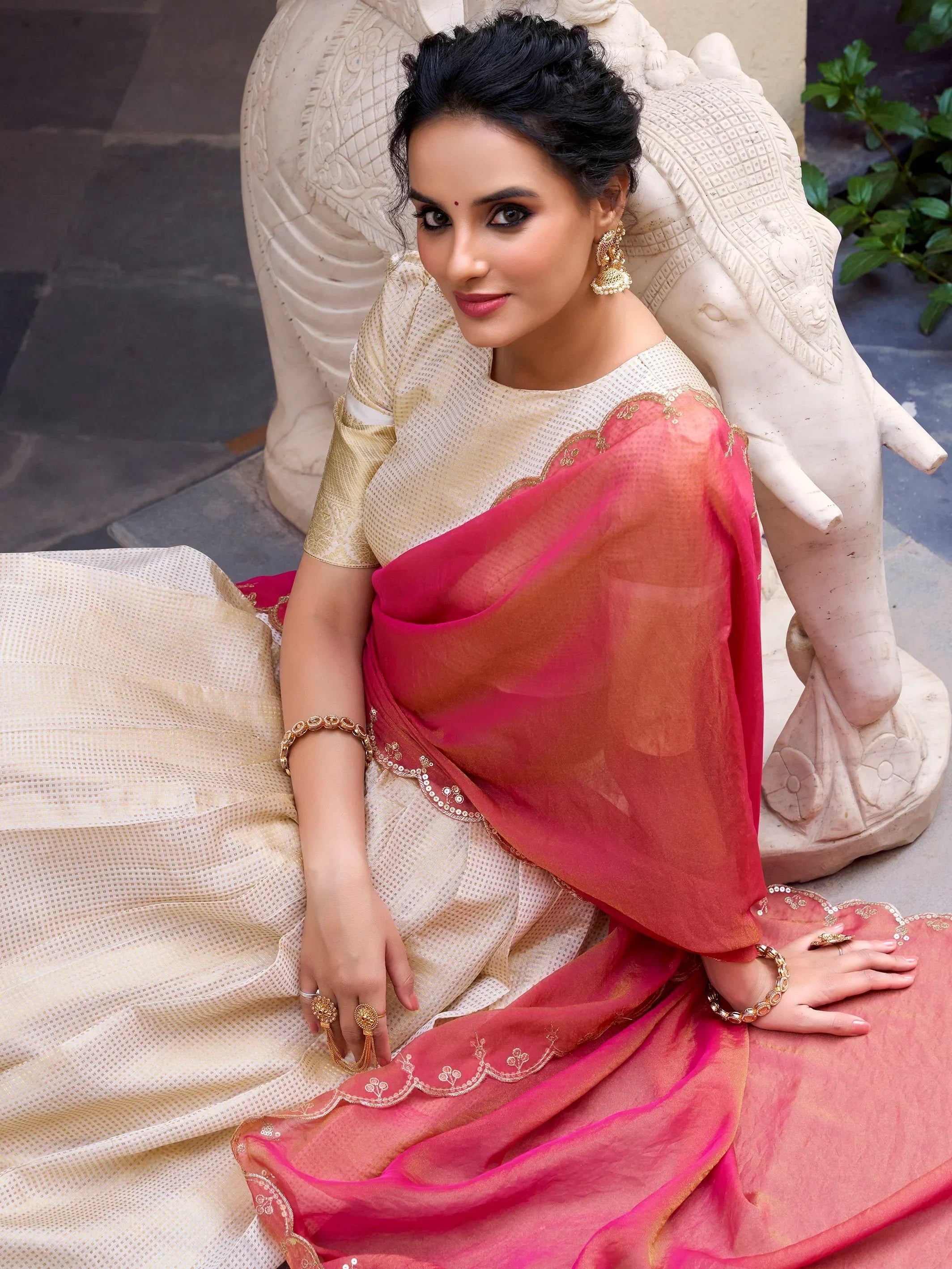 Beautiful Off-White Zari Weaving Jacquard Traditional Lehenga Choli