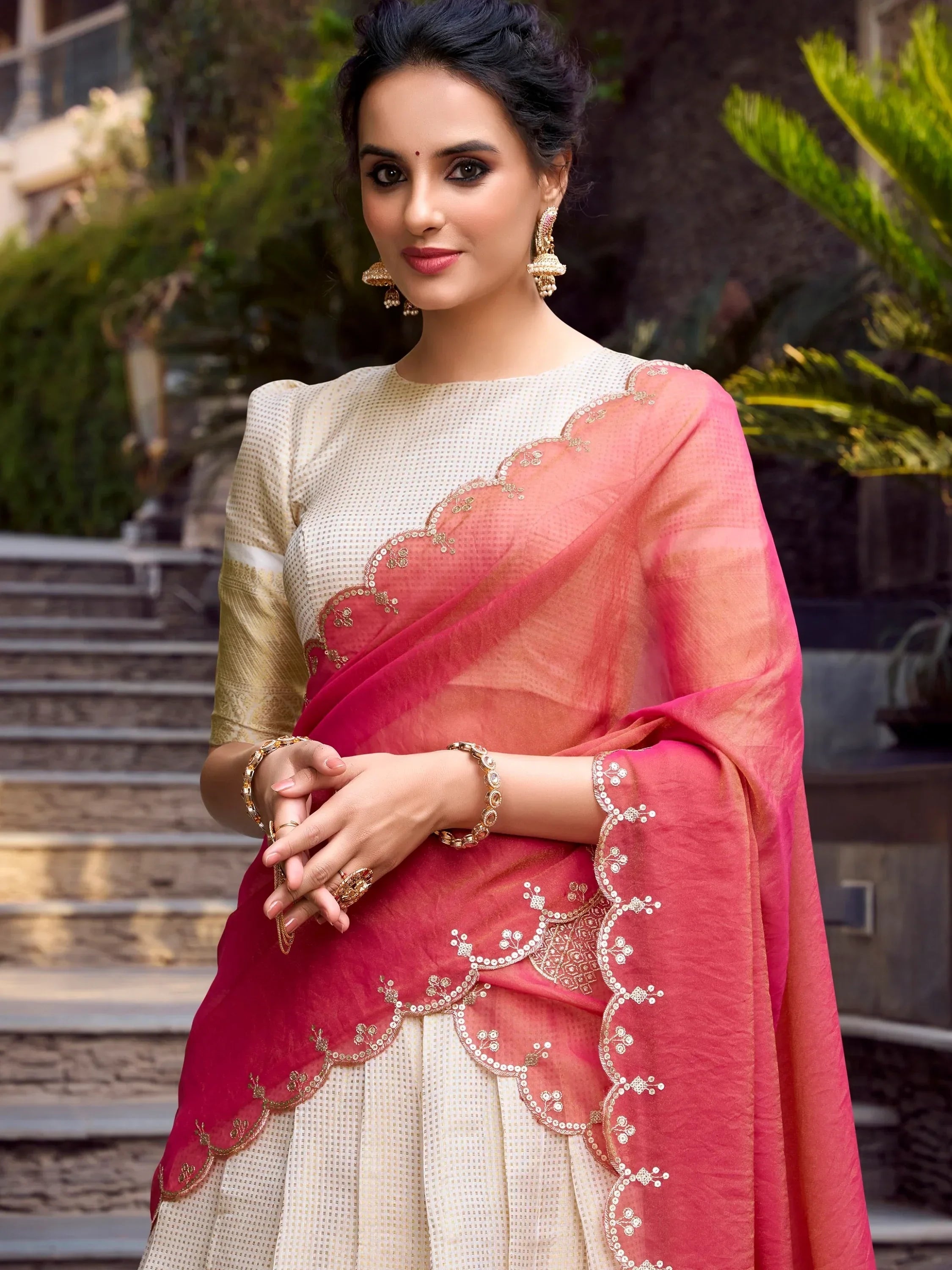 Beautiful Off-White Zari Weaving Jacquard Traditional Lehenga Choli