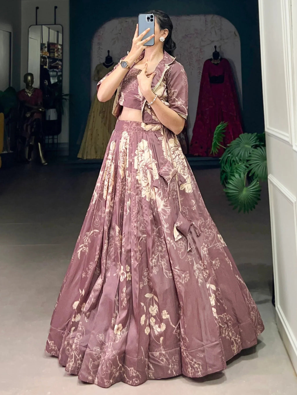Fascinating Mauve Printed Tussar Silk Event Wear Crop Top Lehenga With Jacket