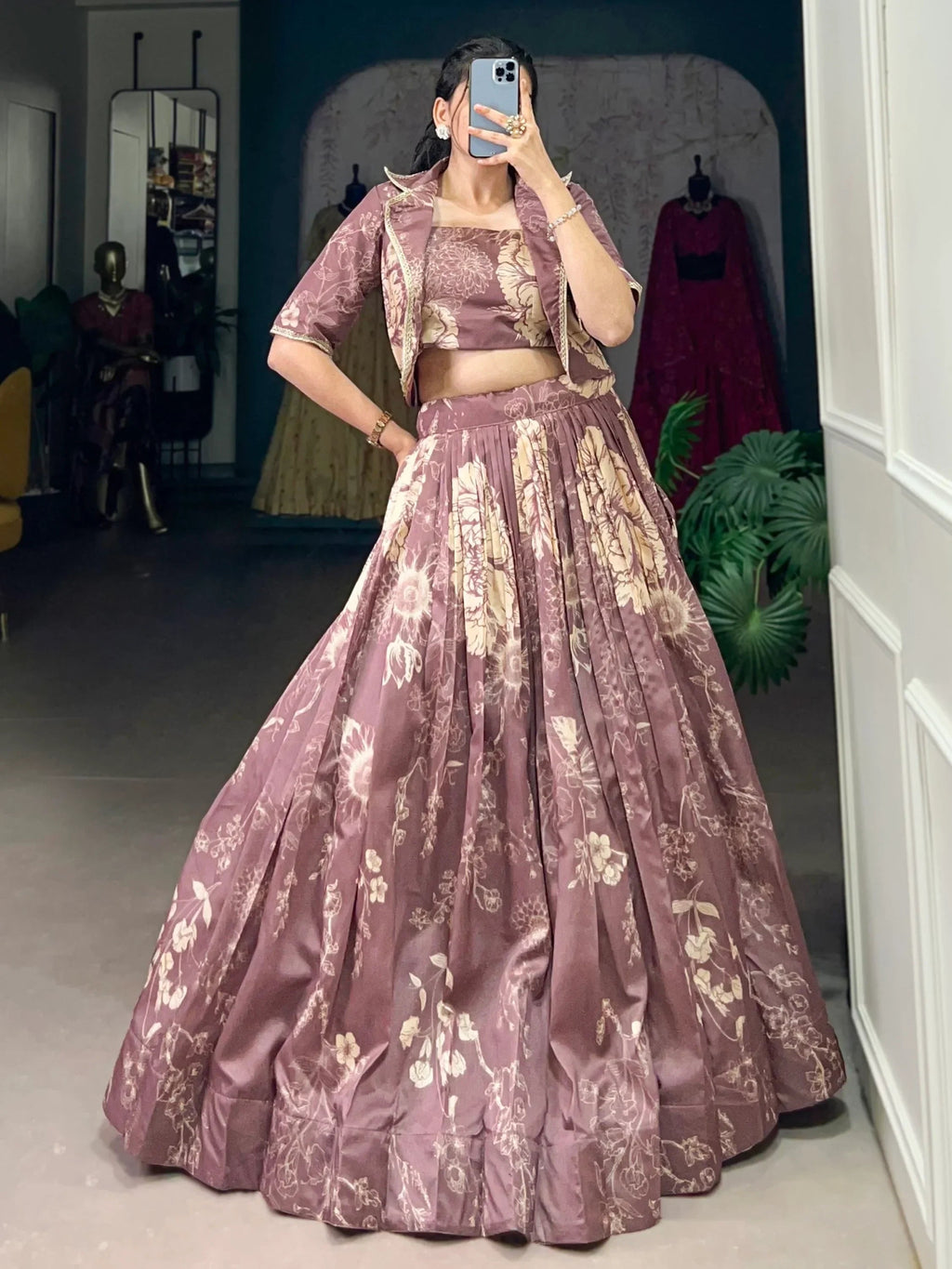 Fascinating Mauve Printed Tussar Silk Event Wear Crop Top Lehenga With Jacket
