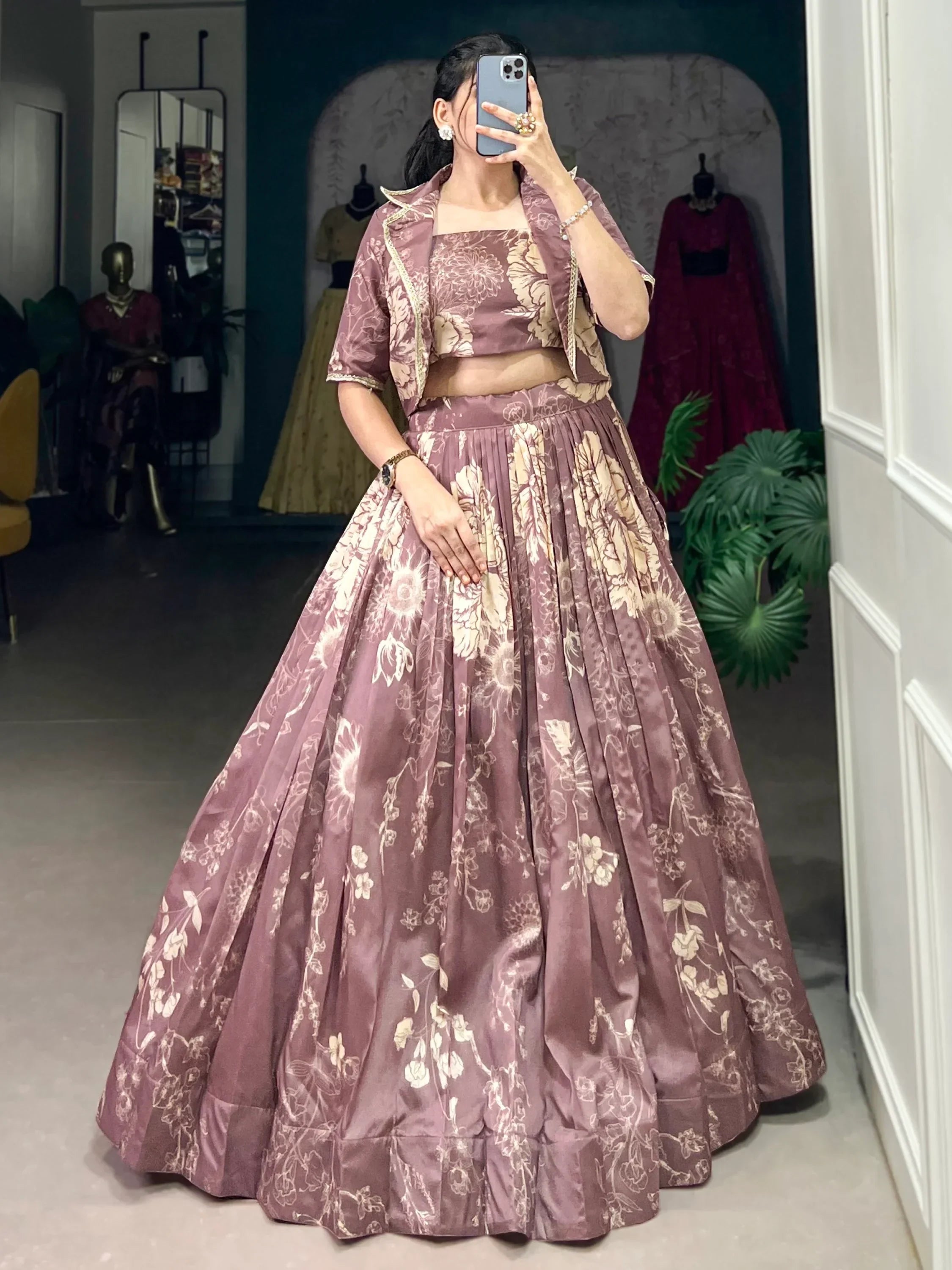 Fascinating Mauve Printed Tussar Silk Event Wear Crop Top Lehenga With Jacket