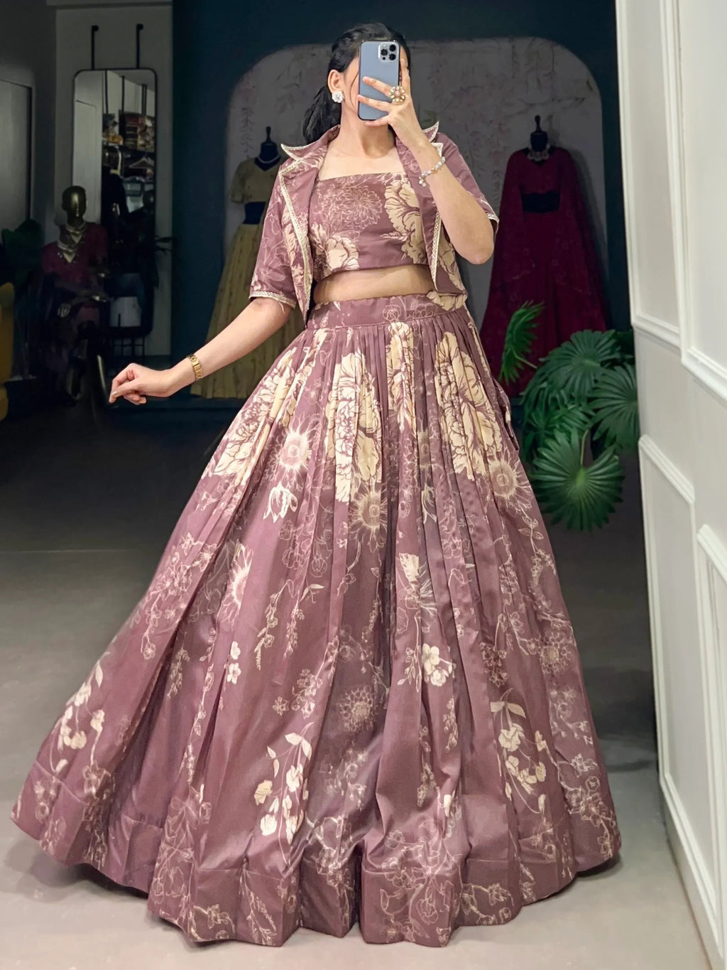 Fascinating Mauve Printed Tussar Silk Event Wear Crop Top Lehenga With Jacket