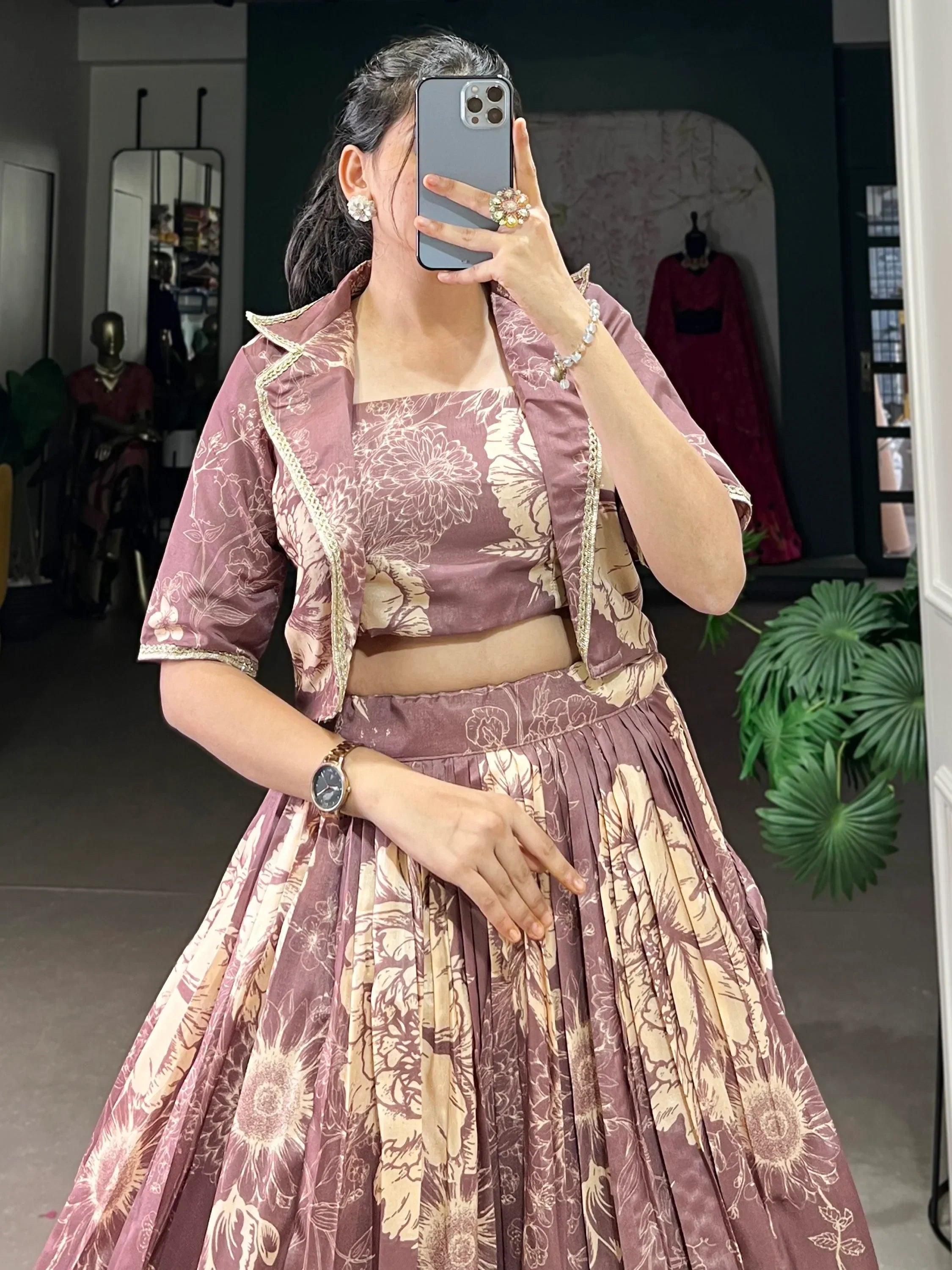 Fascinating Mauve Printed Tussar Silk Event Wear Crop Top Lehenga With Jacket