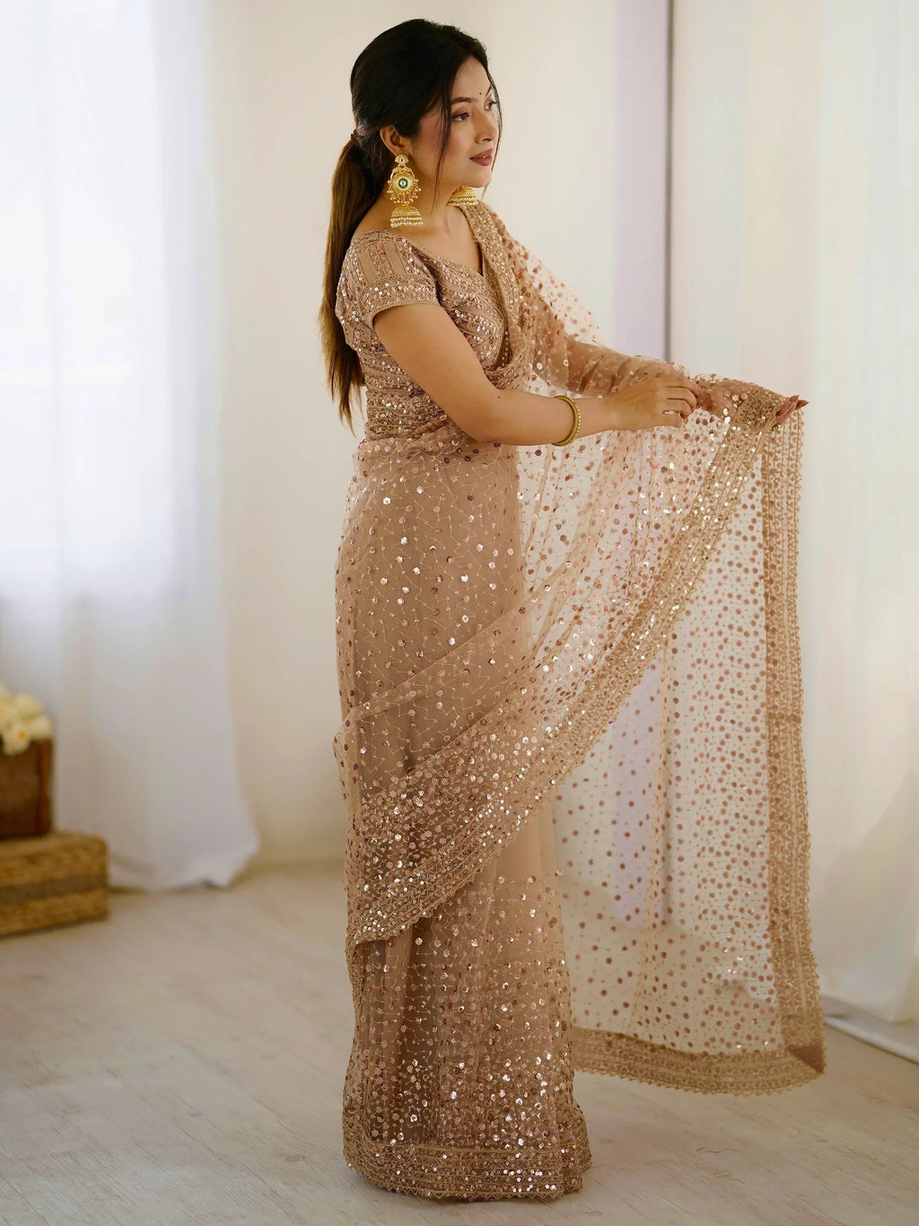 Gorgeous Gold Net Sequins Party Wear Saree With Blouse
