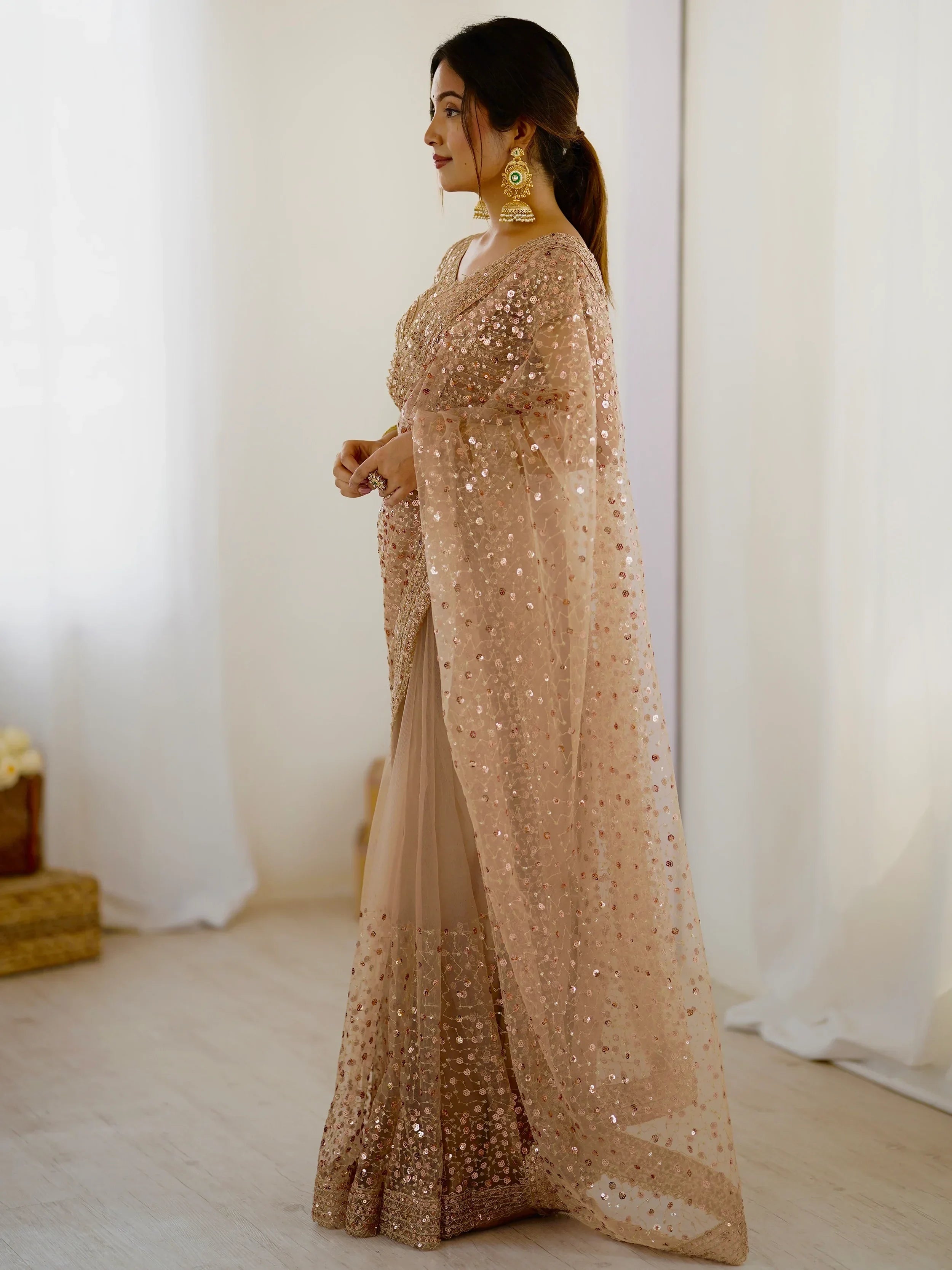 Gorgeous Gold Net Sequins Party Wear Saree With Blouse