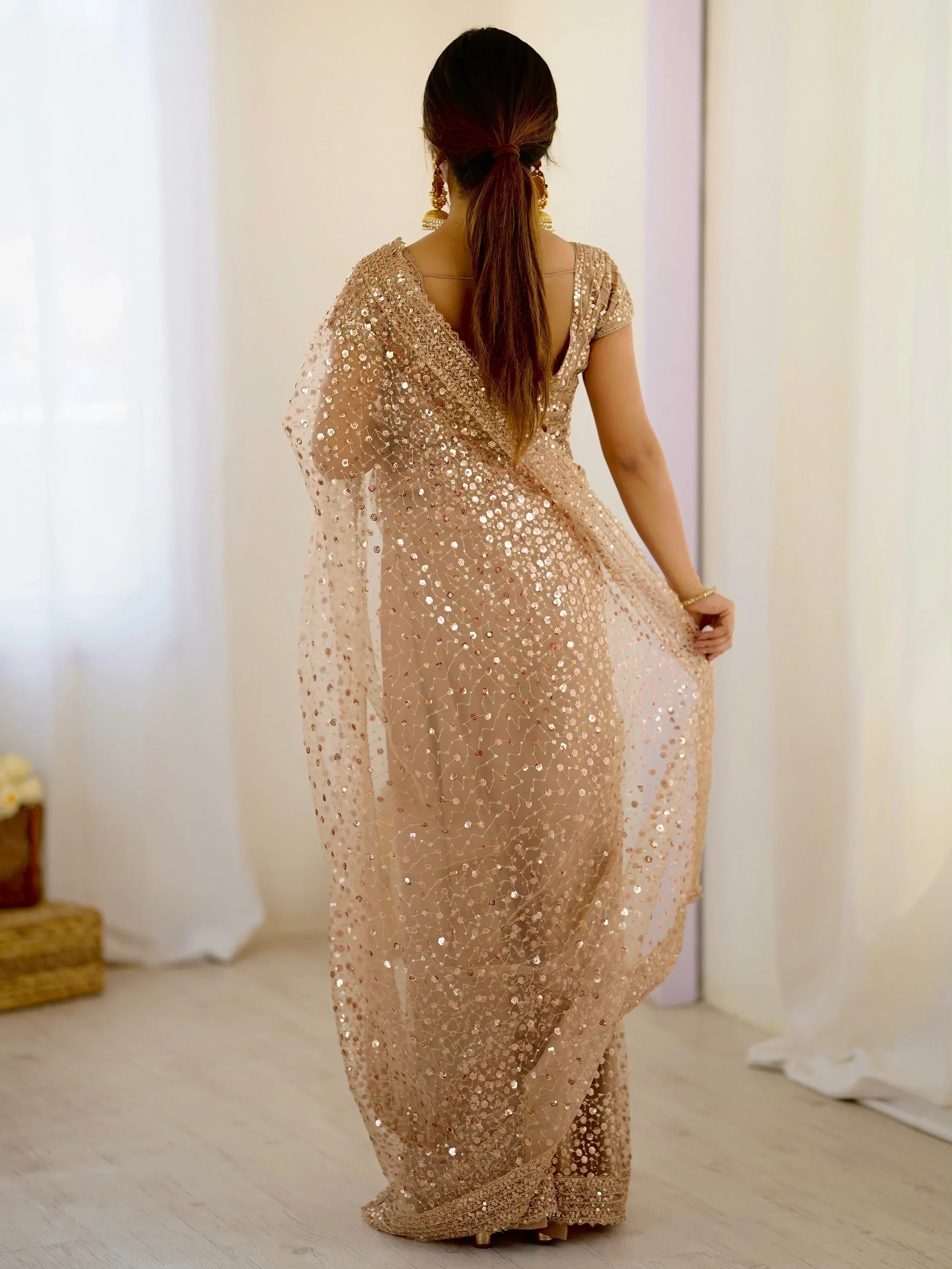 Gorgeous Gold Net Sequins Party Wear Saree With Blouse