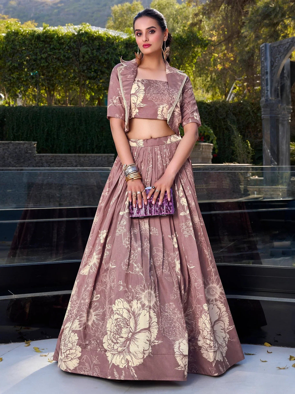 Graceful Mauve Floral Print Tussar Silk Party Wear Crop Top Lehenga With Jacket