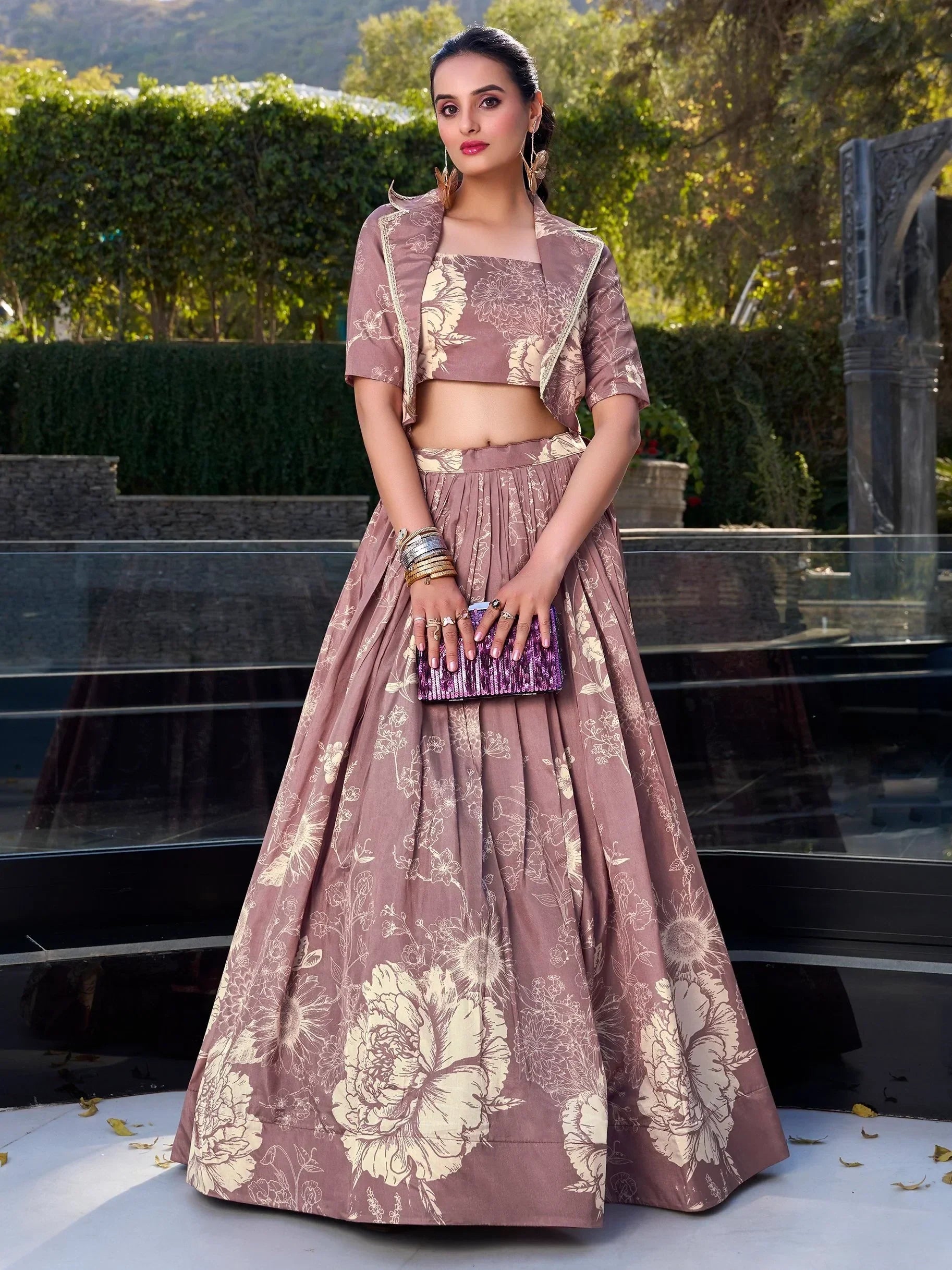 Graceful Mauve Floral Print Tussar Silk Party Wear Crop Top Lehenga With Jacket